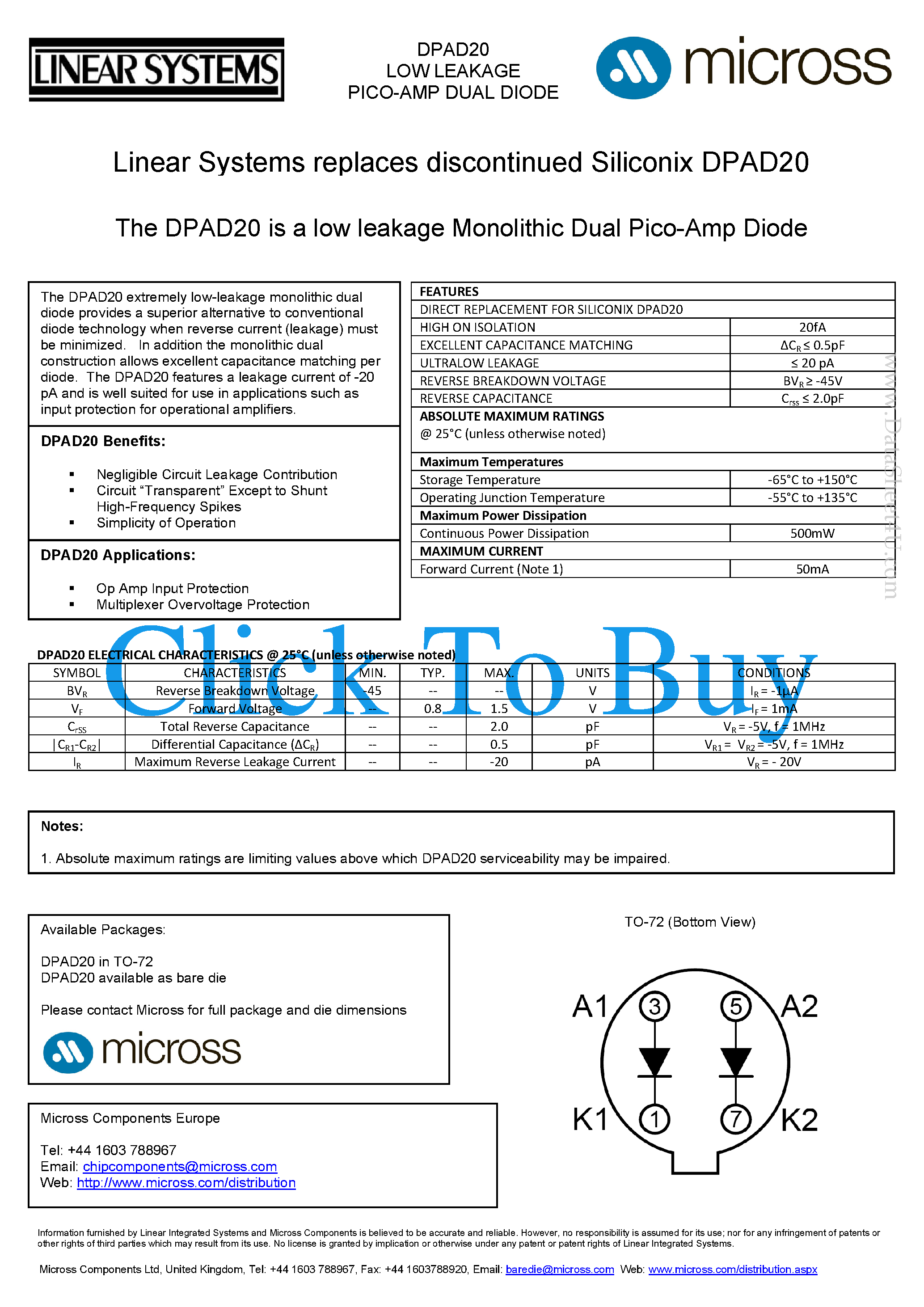 Даташит на микросхему DPAD20 страница 1 Даташит DPAD20 - Dual PicoAmp Diodes страница 1