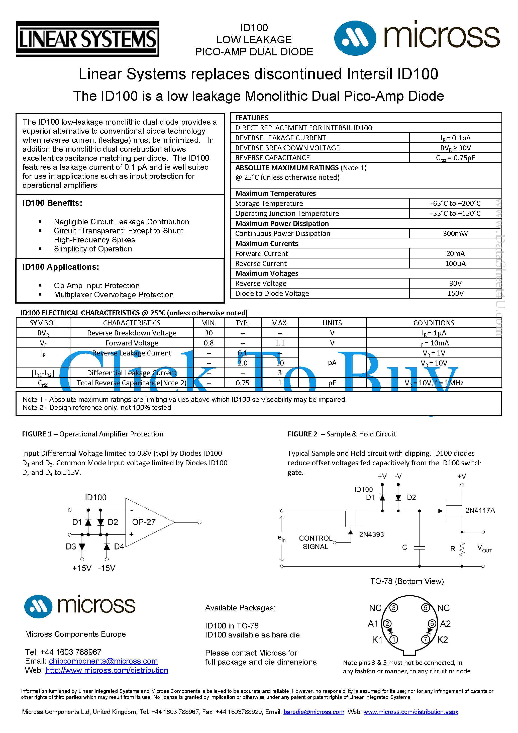 Даташит на микросхему ID100 страница 1 Даташит ID100 - Dual PicoAmp Diodes страница 1