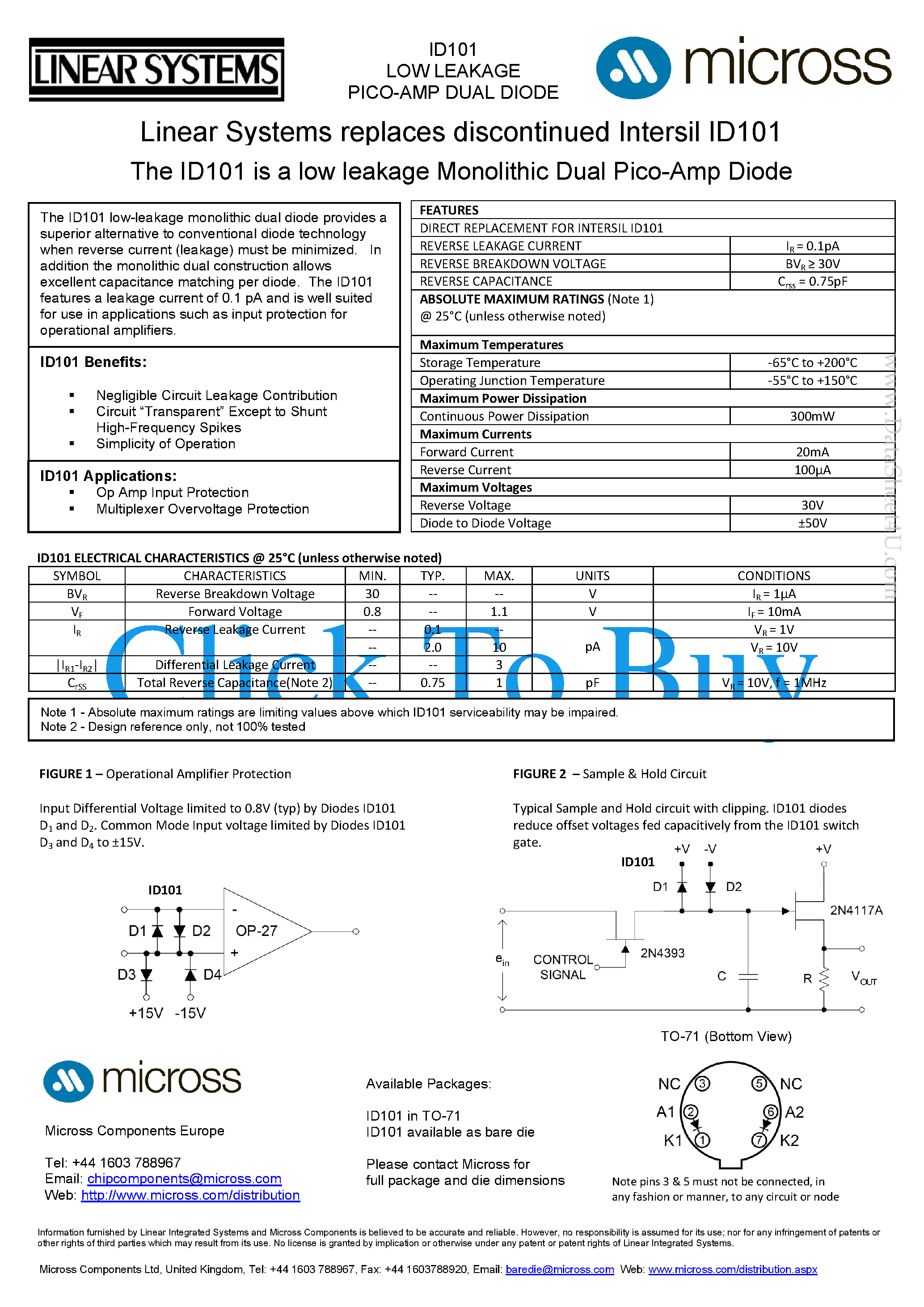 Даташит на микросхему ID101 страница 1 Даташит ID101 - Dual PicoAmp Diodes страница 1