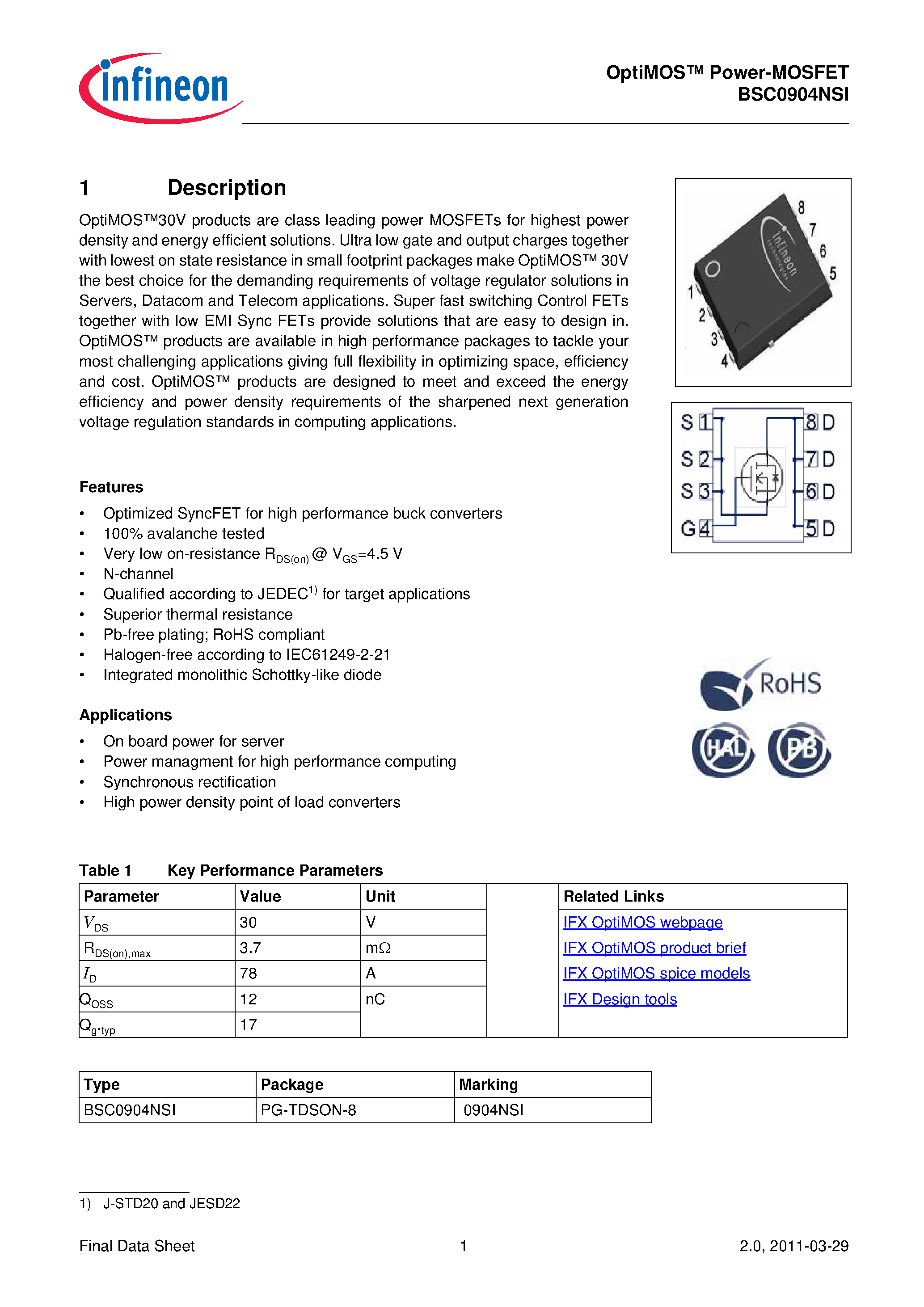 Datasheet BSC0904NSI - N-Channel Power MOSFET page 2