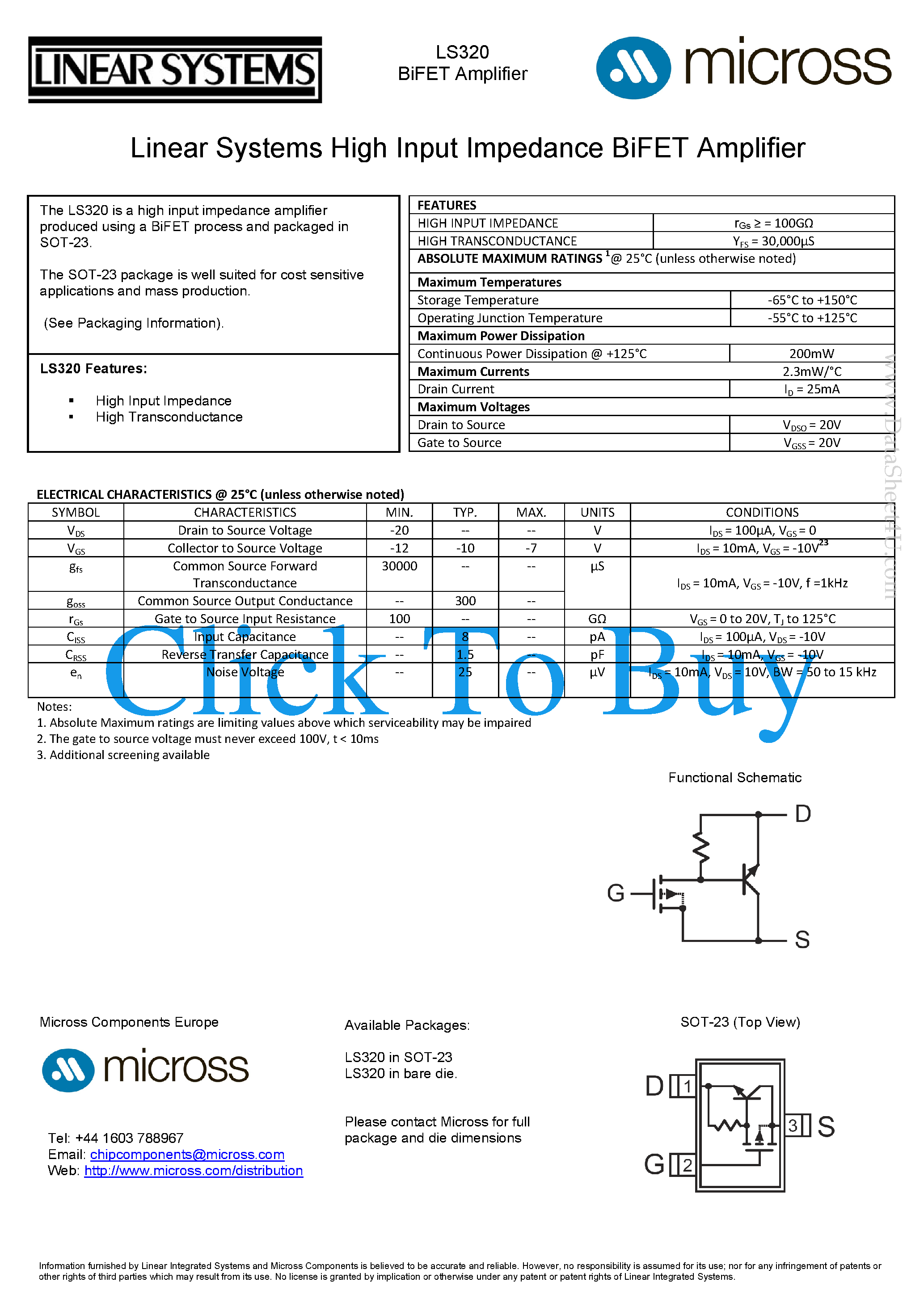 Datasheet LS320 page 1 Datasheet LS320 - High Input Z Amp page 1