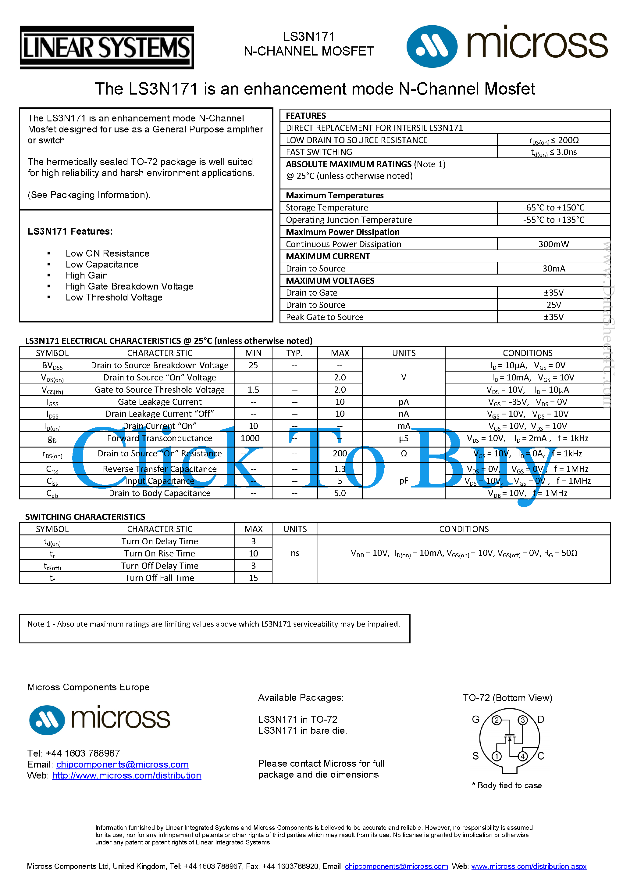 Datasheet LS3N171 page 1 Datasheet LS3N171 - High Speed Switch page 1