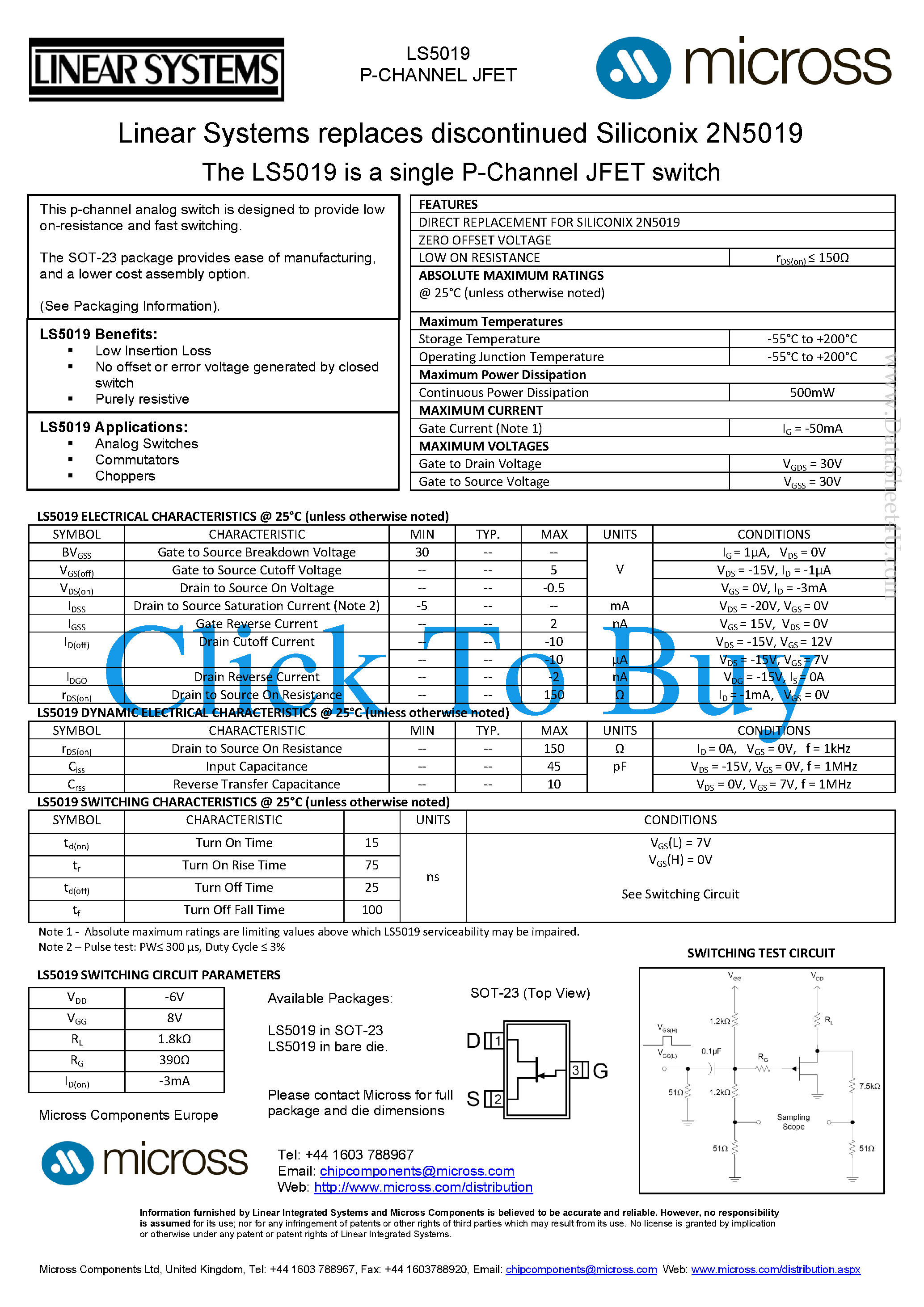 Datasheet LS5019 page 1 Datasheet LS5019 - Switching page 1
