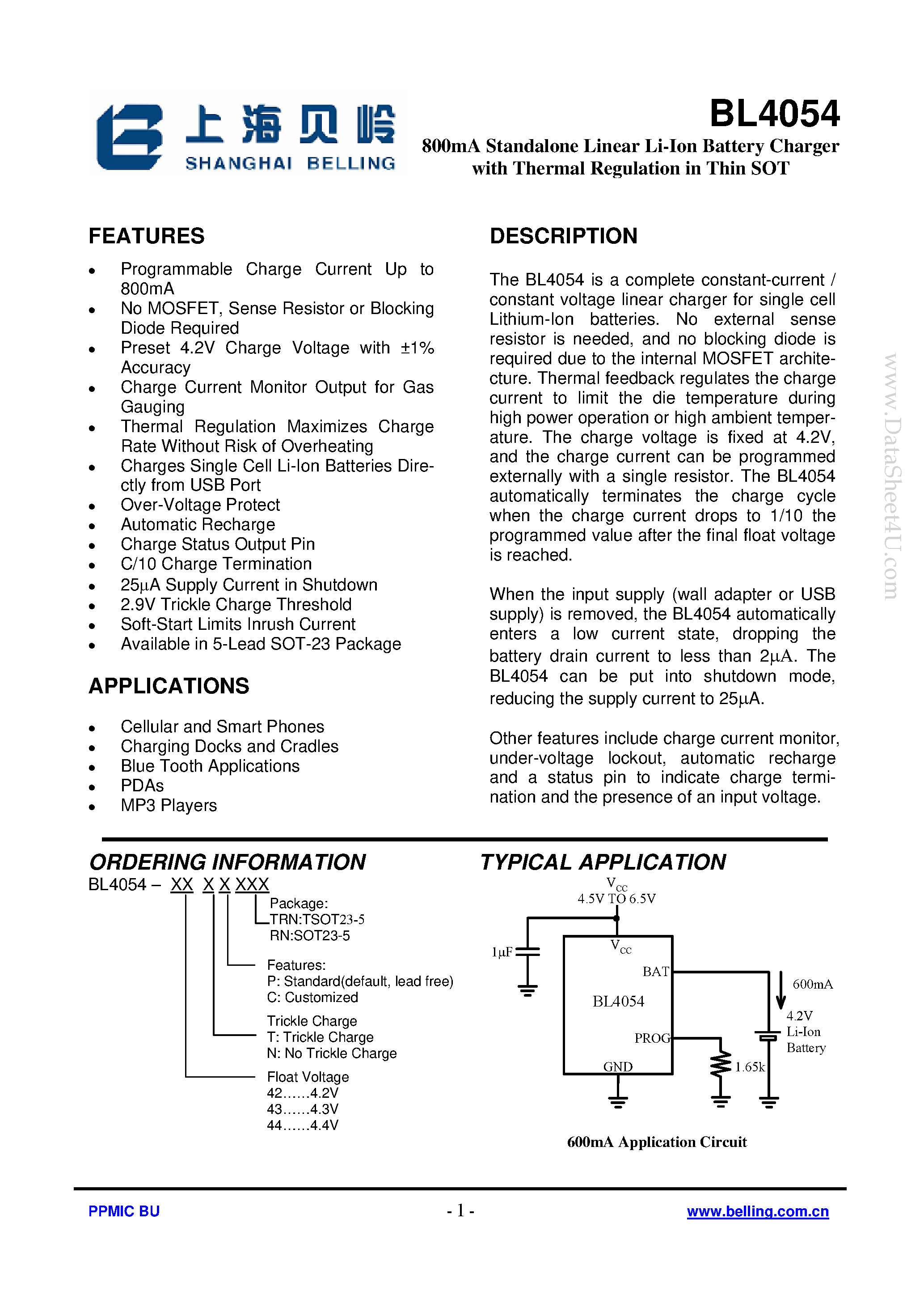 Datasheet BL4054 - 800mA Standalone Linear Li-Ion Battery Charger page 1