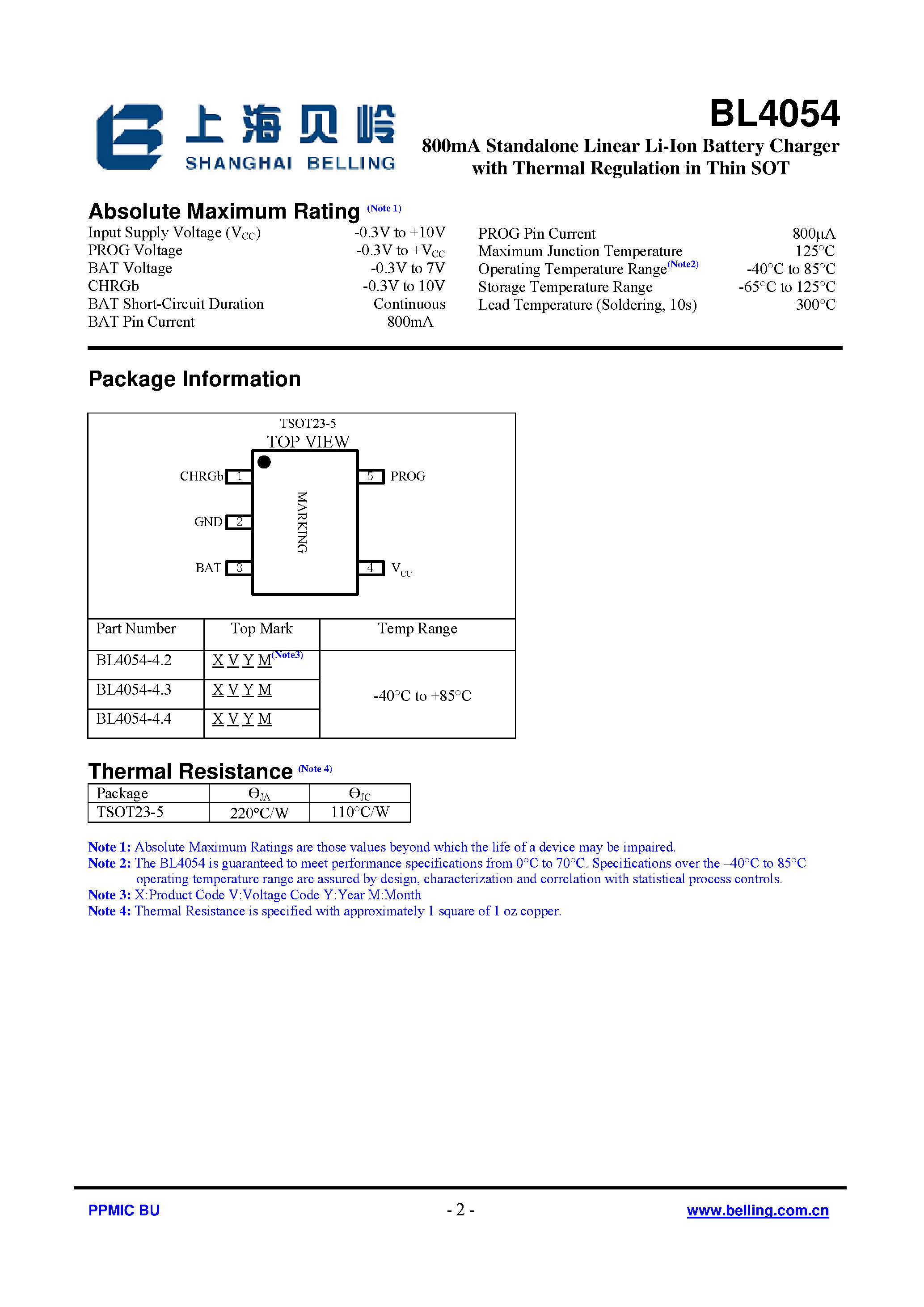 Datasheet BL4054 - 800mA Standalone Linear Li-Ion Battery Charger page 2