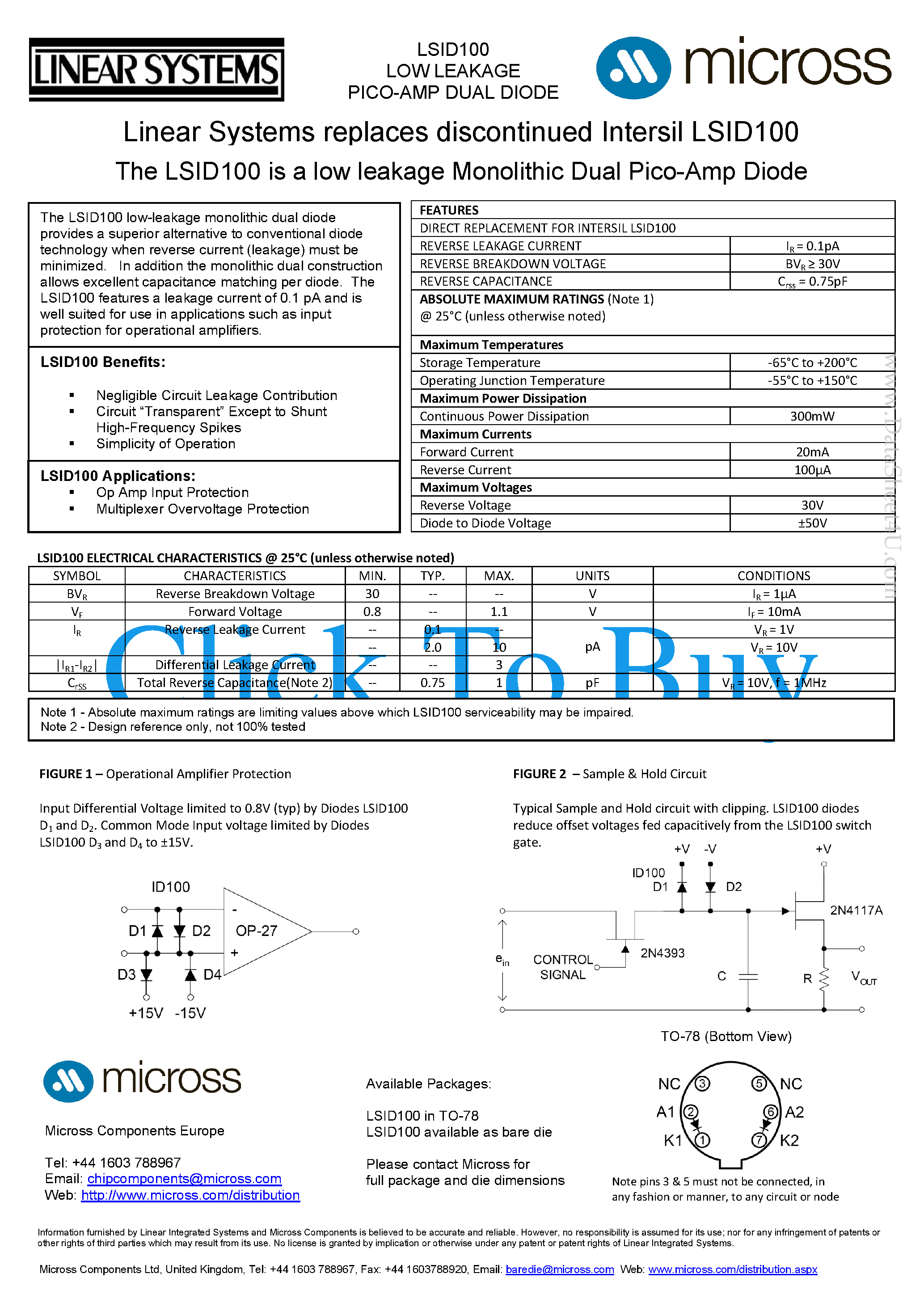 Даташит на микросхему LSID100 страница 1 Даташит LSID100 - Dual PicoAmp Diodes страница 1