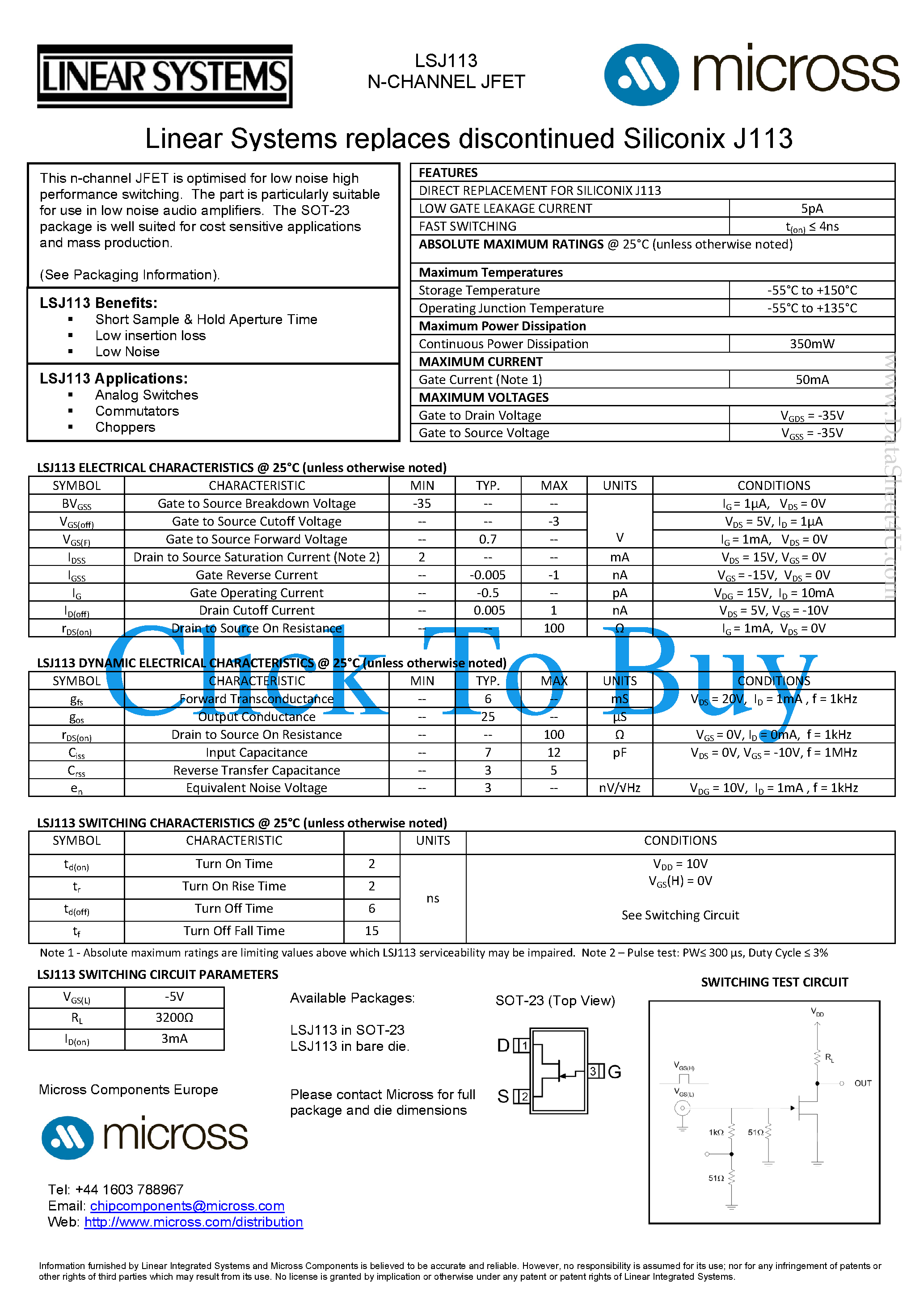 Datasheet LSJ113 page 1 Datasheet LSJ113 - Switching page 1
