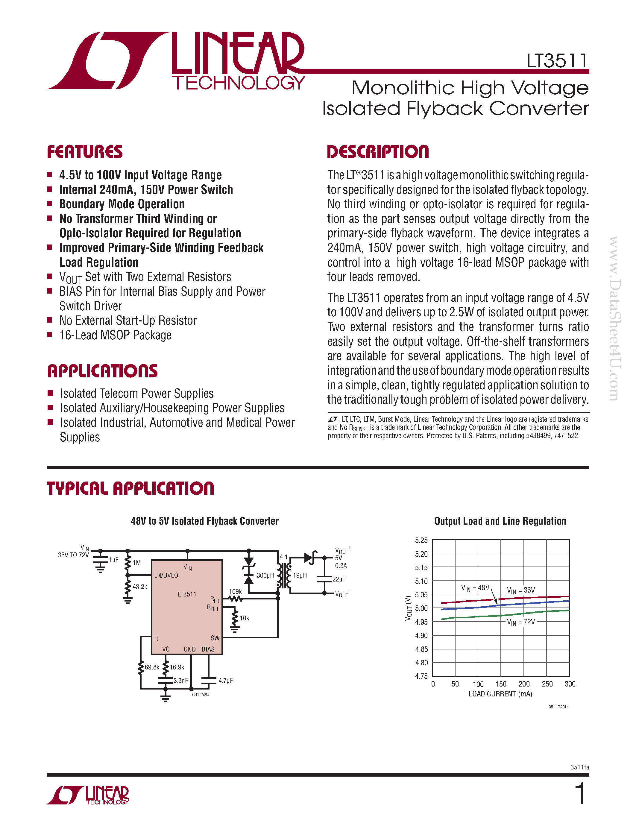 Даташит на микросхему LT3511 страница 1 Даташит LT3511 - Monolithic High Voltage Isolated Flyback Converter No External Start-Up Resistor страница 1