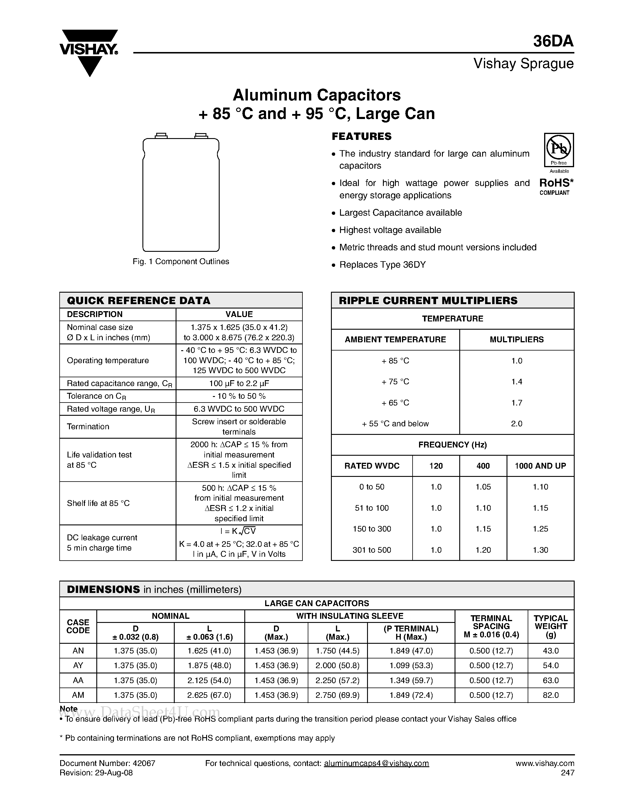 Datasheet 36DA page 1 Datasheet 36DA - Aluminum Capacitors page 1