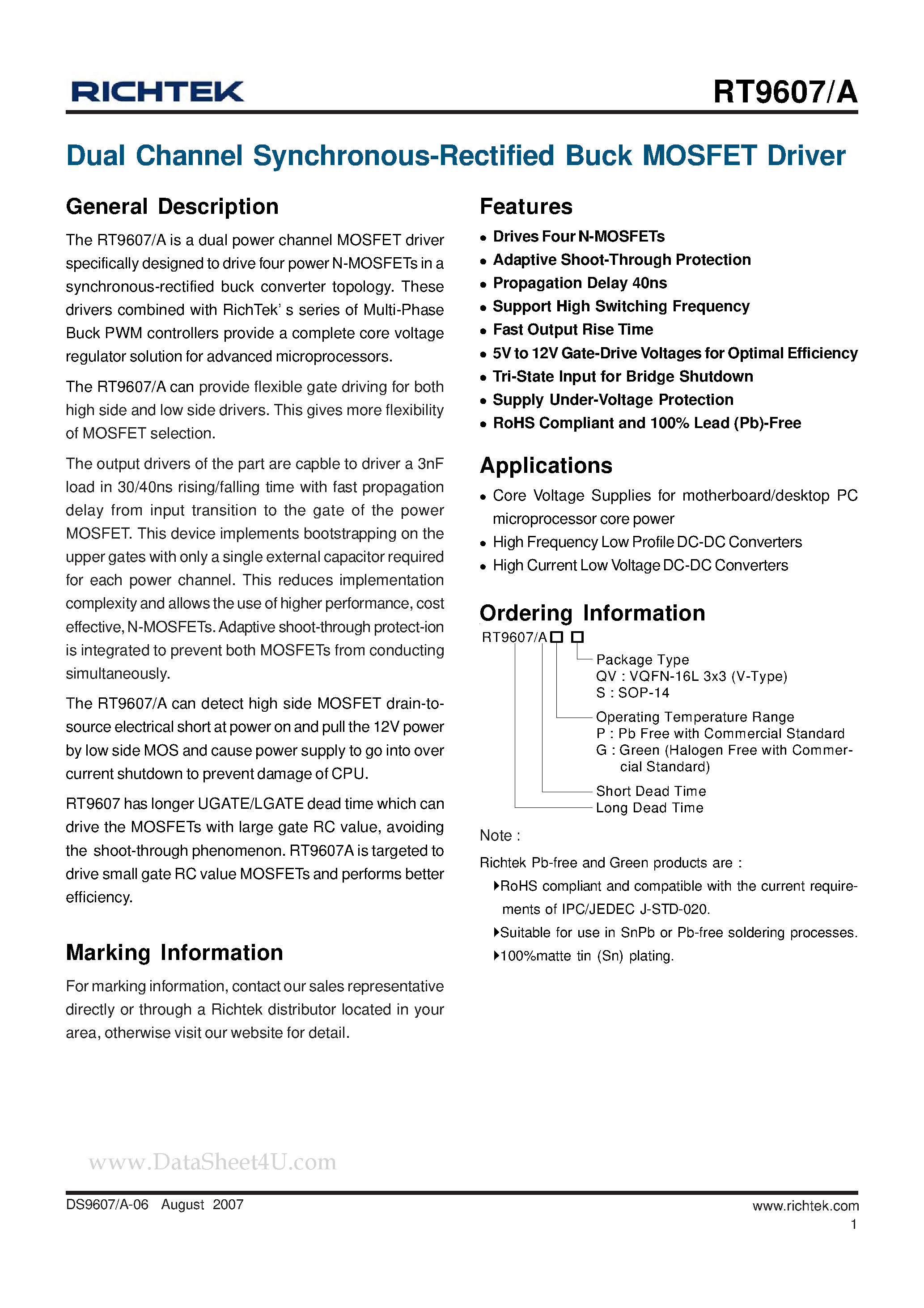 Даташит на микросхему RT9607 страница 1 Даташит RT9607 - Dual Channel Synchronous-Rectified Buck MOSFET Driver страница 1