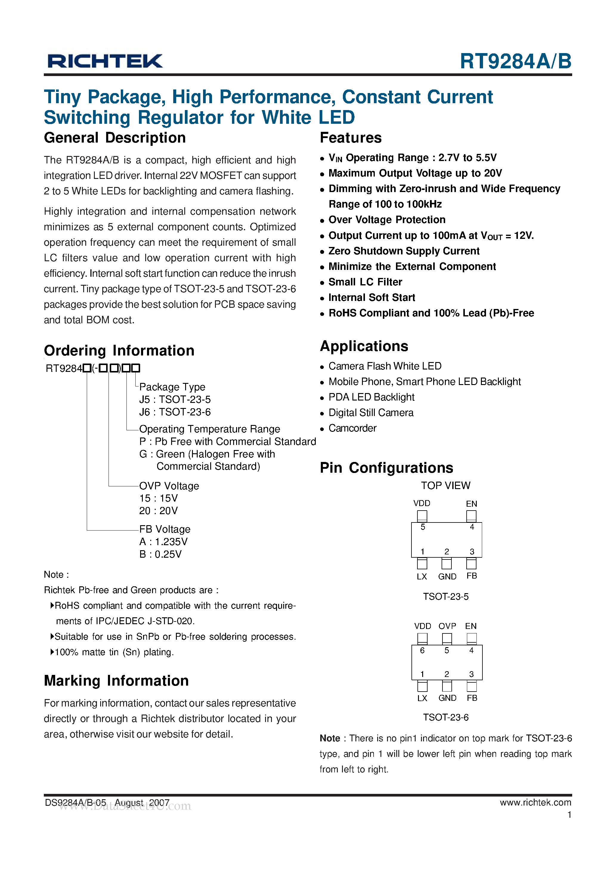 Datasheet RT9284A page 1 Datasheet RT9284A - Constant Current Switching Regulator page 1