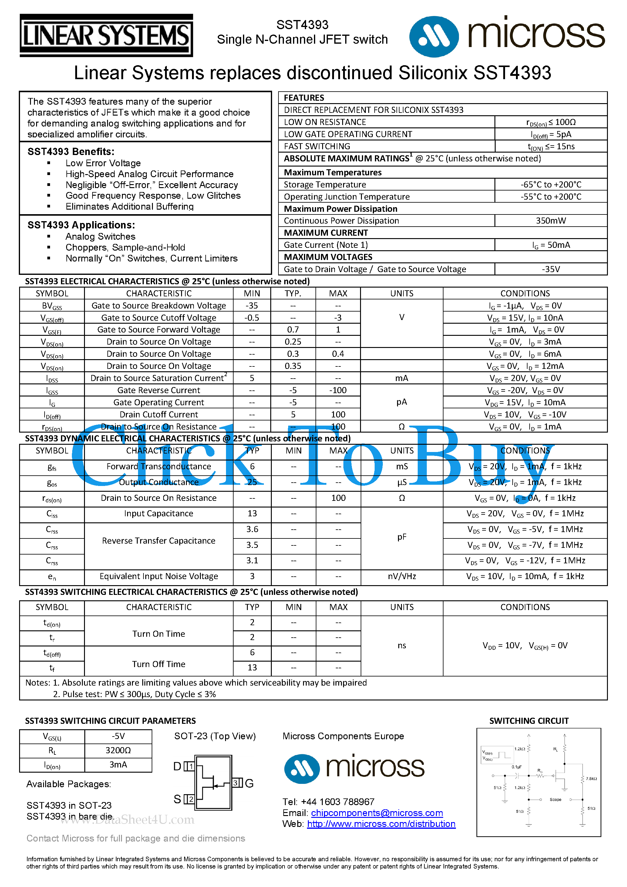 Datasheet SST4393 page 1 Datasheet SST4393 - Switching page 1