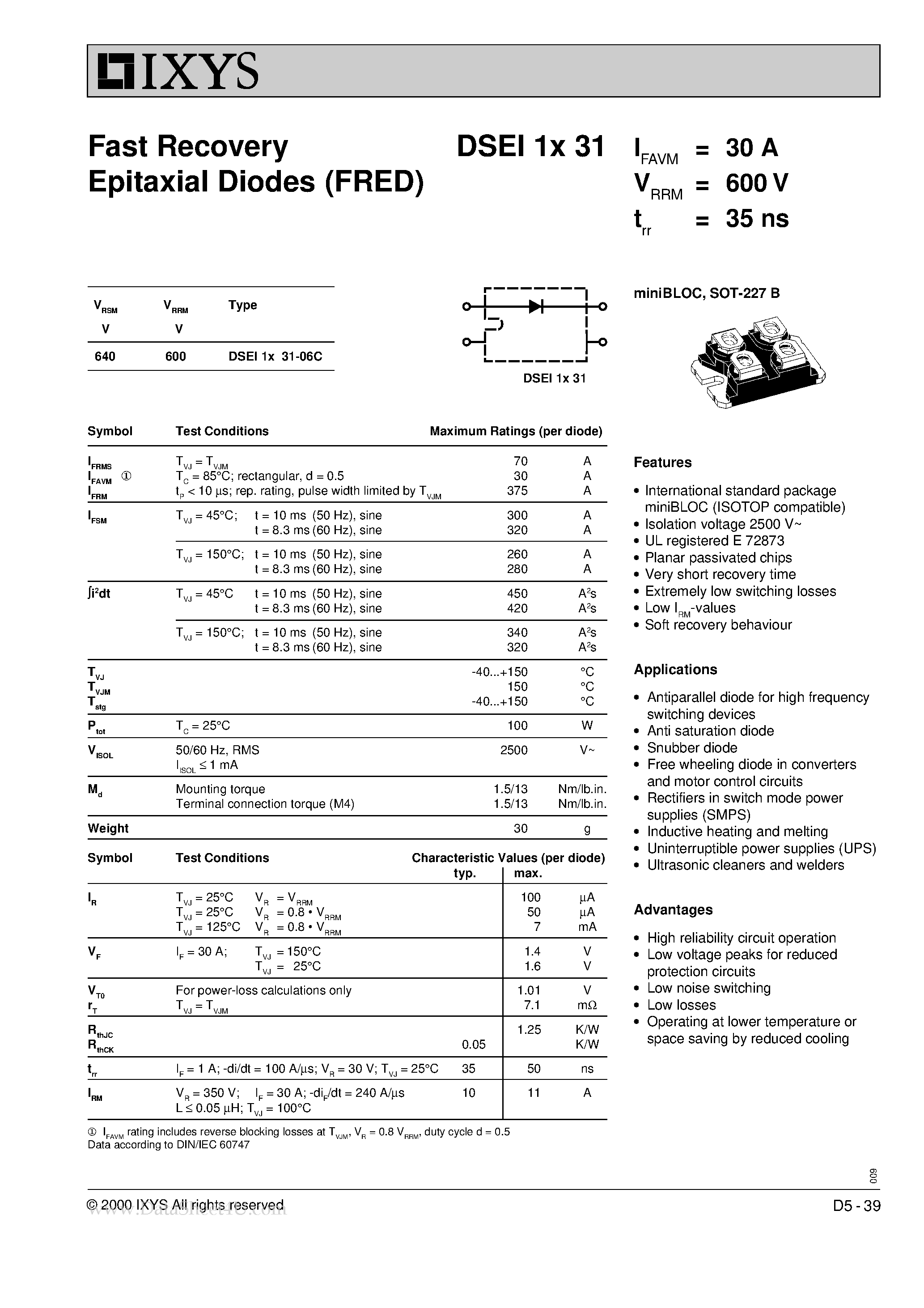 Даташит DSEI1X31 - Fast Recovery Epitaxial Diodes страница 1