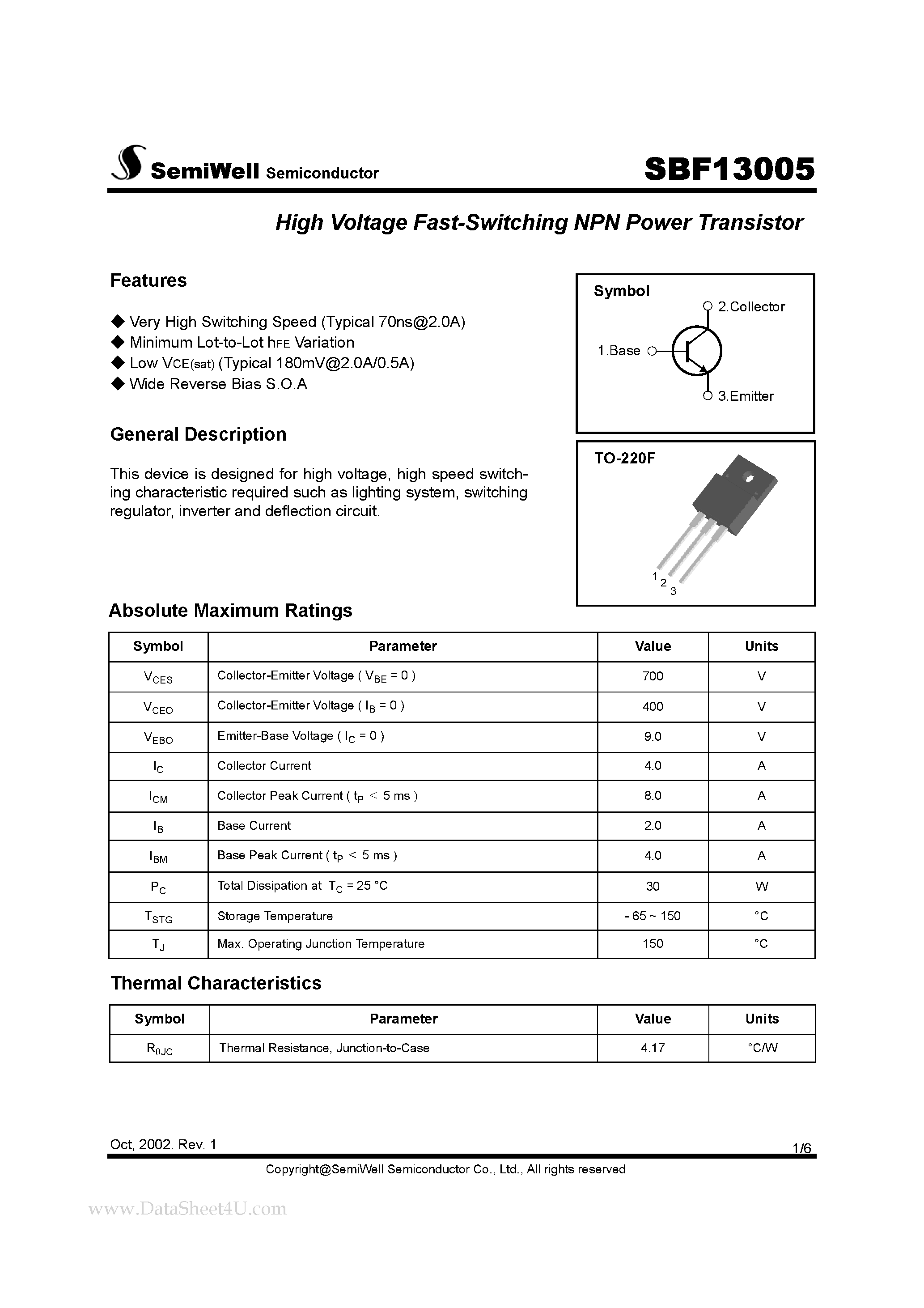 Datasheet SBF13005 page 1 Datasheet SBF13005 - High Voltage Fast-Switching NPN Power Transistor page 1