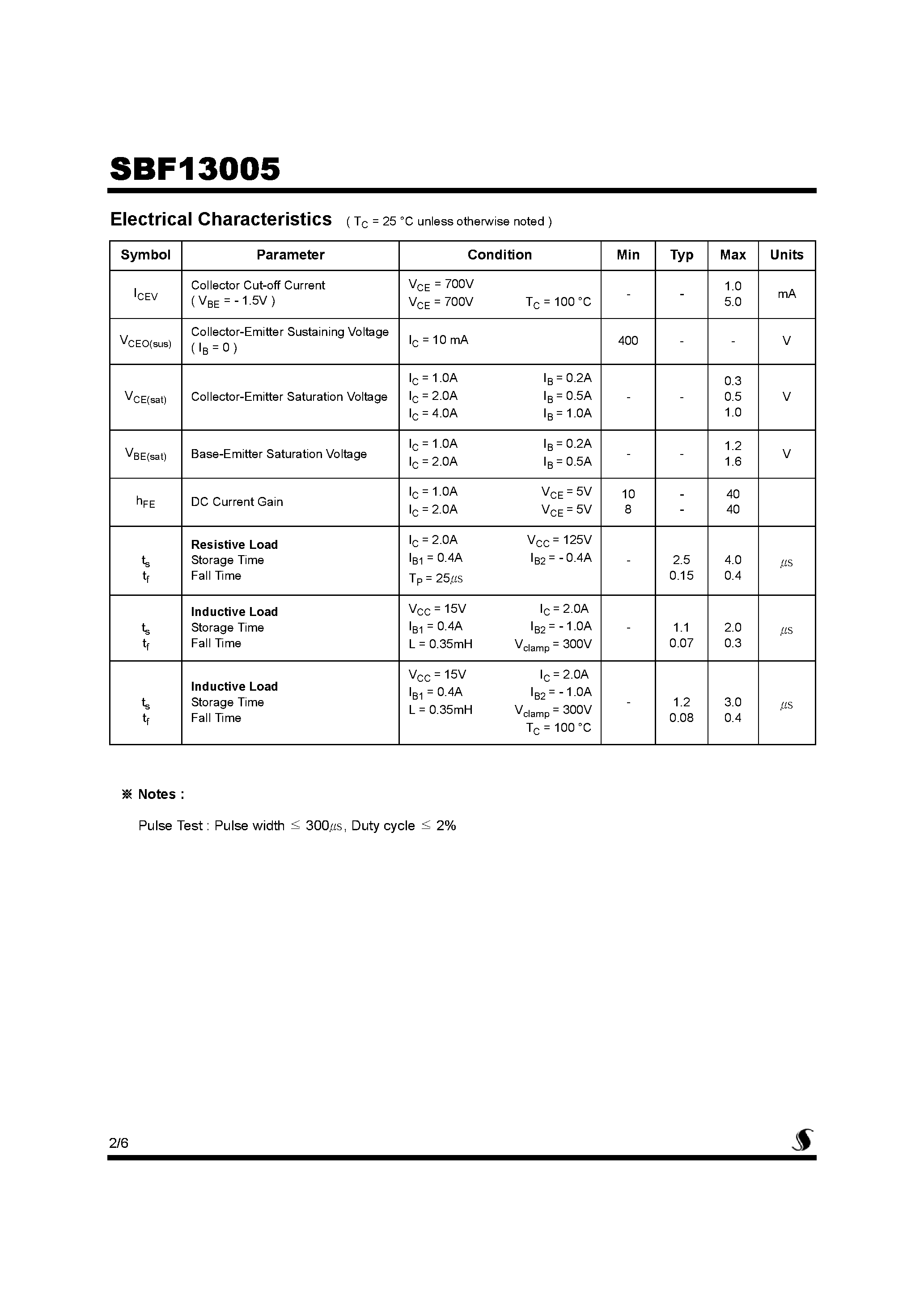 Datasheet SBF13005 page 2 Datasheet SBF13005 - High Voltage Fast-Switching NPN Power Transistor page 2