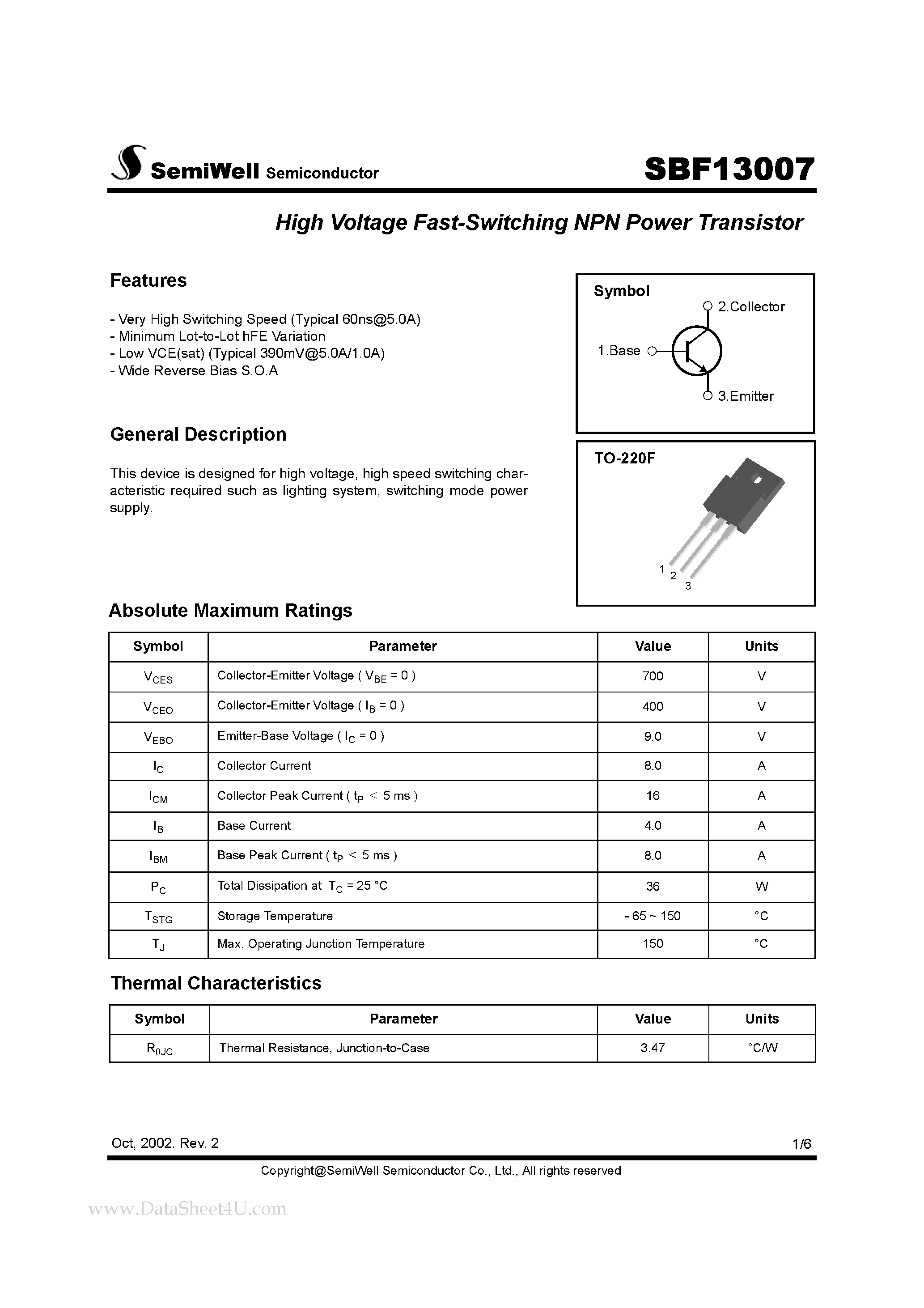 Datasheet SBF13007 page 1 Datasheet SBF13007 - HIGH VOLTAGE FAST-SWITCHING NPN POWER TRANSISTOR page 1