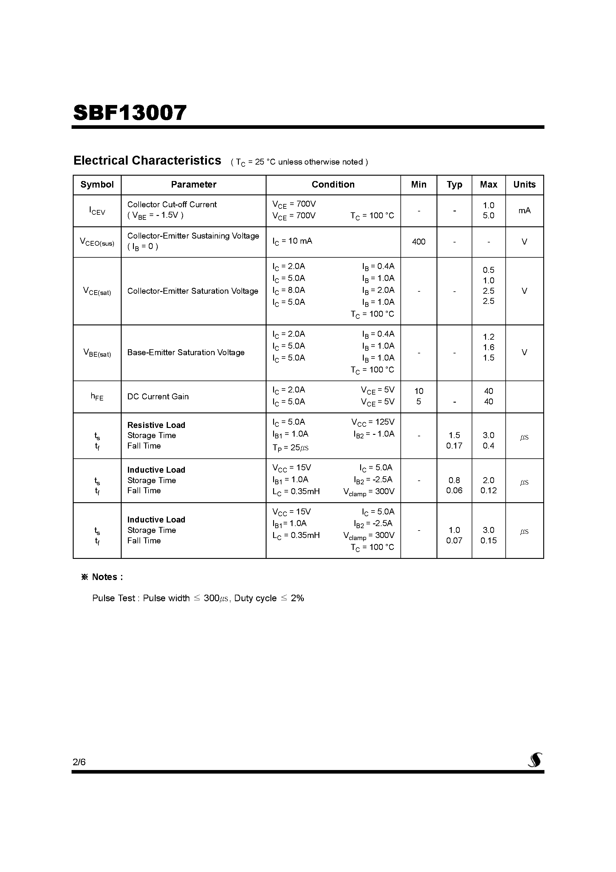 Datasheet SBF13007 page 2 Datasheet SBF13007 - HIGH VOLTAGE FAST-SWITCHING NPN POWER TRANSISTOR page 2