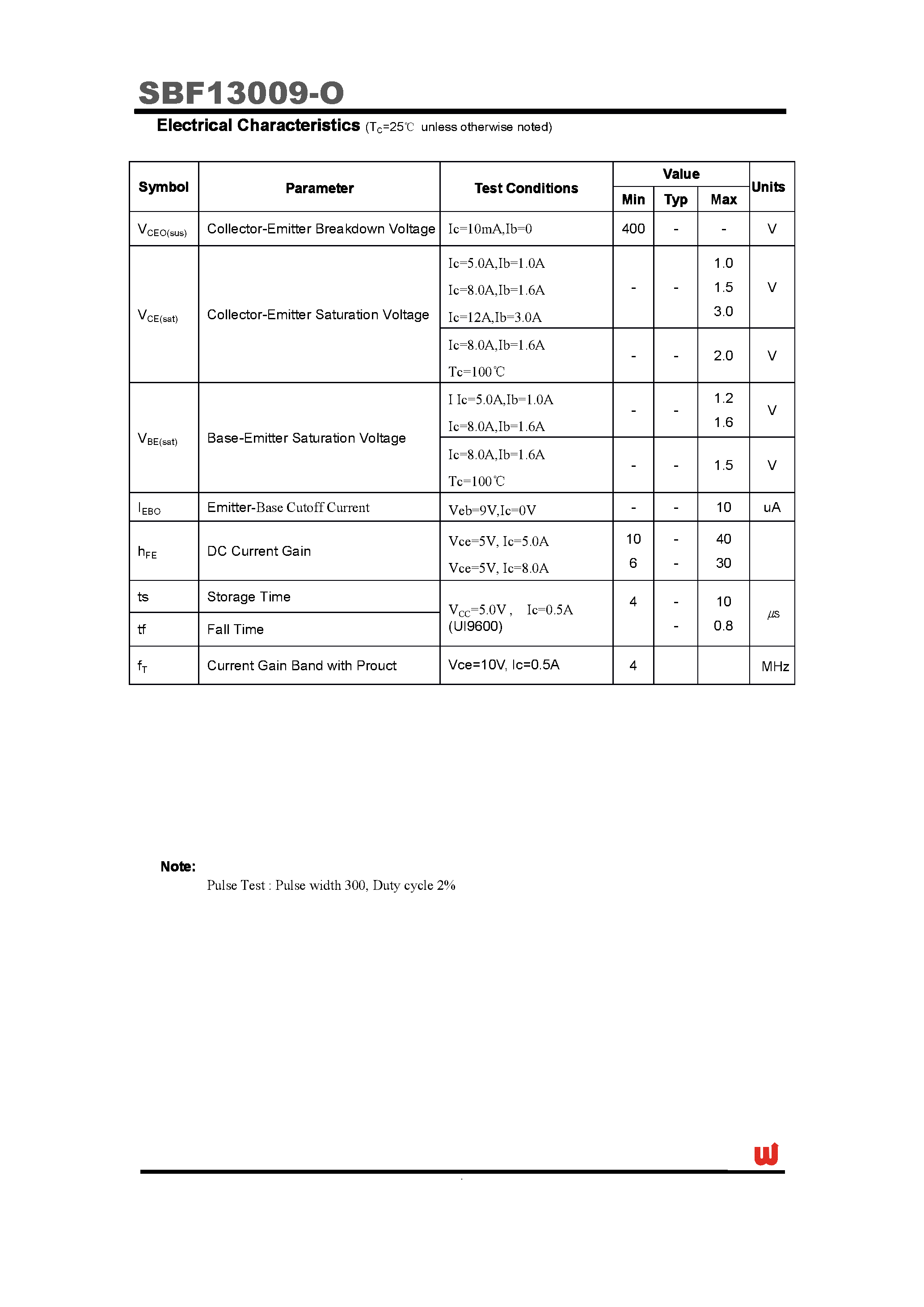 Datasheet SBF13009-O page 2 Datasheet SBF13009-O - High Voltage Fast-Switching NPN Power Transistor page 2