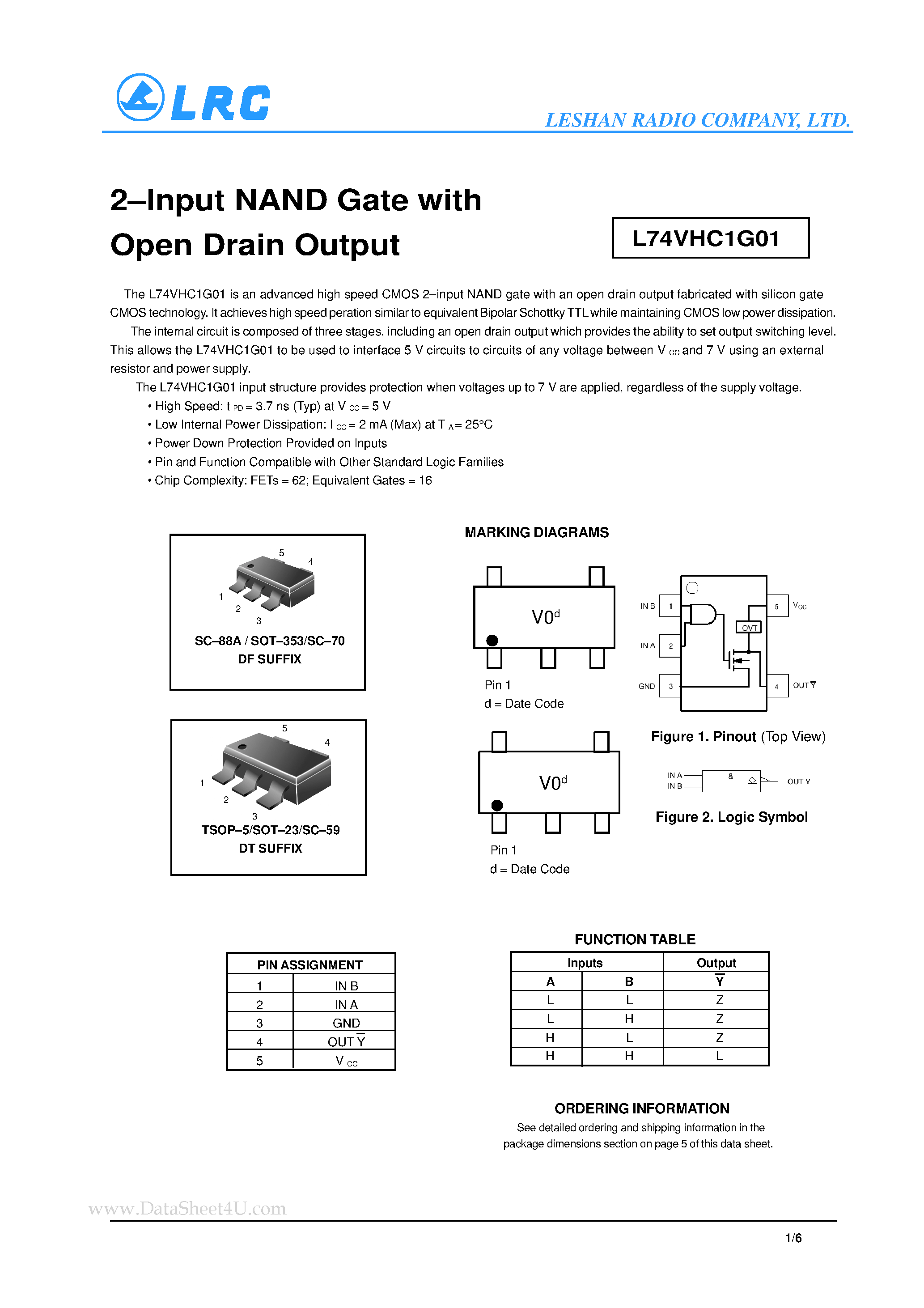 Datasheet L74VHC1G01 page 1 Datasheet L74VHC1G01 - 2-Input NAND Gate page 1