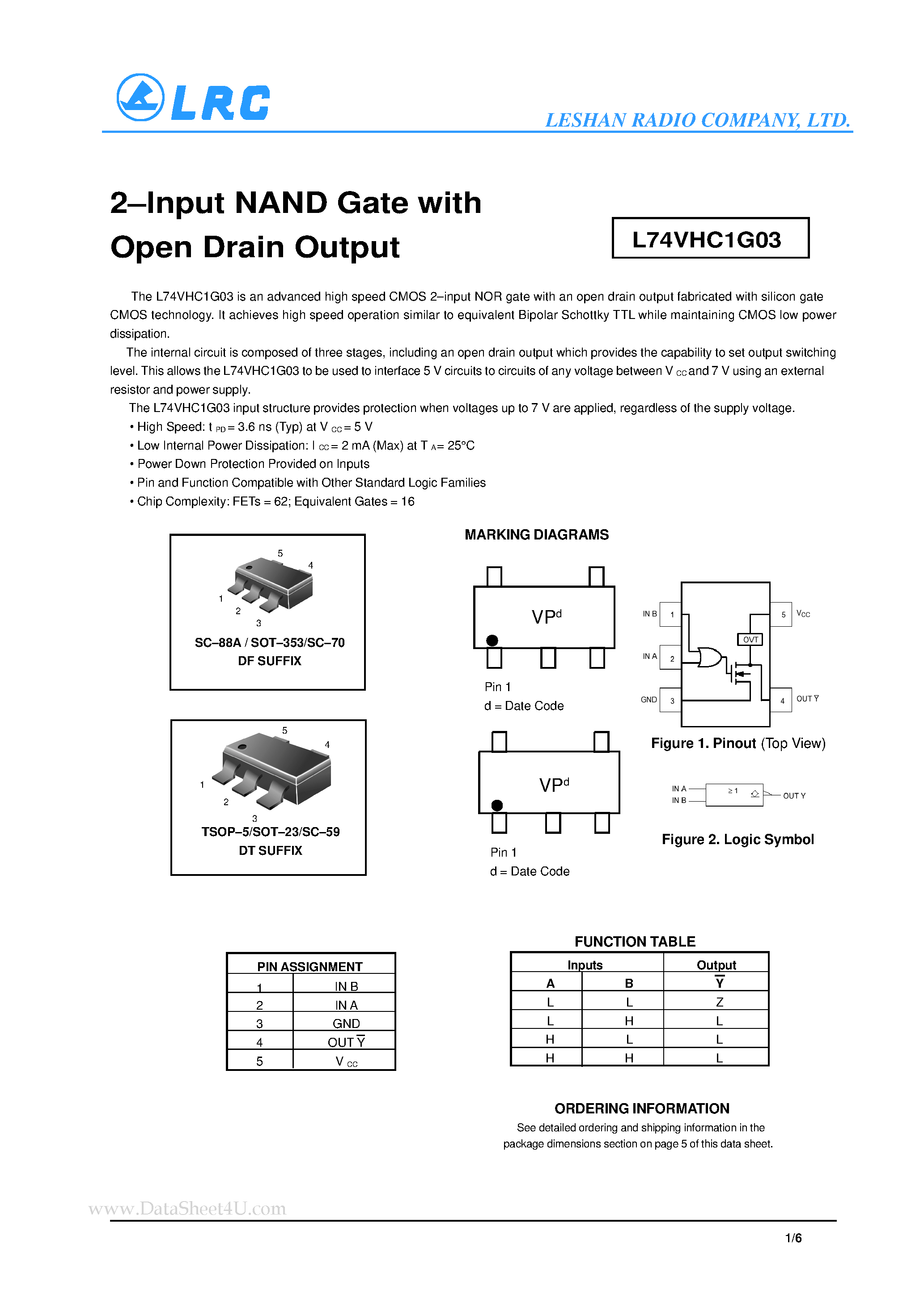 Datasheet L74VHC1G03 - 2-Input NAND Gate page 1