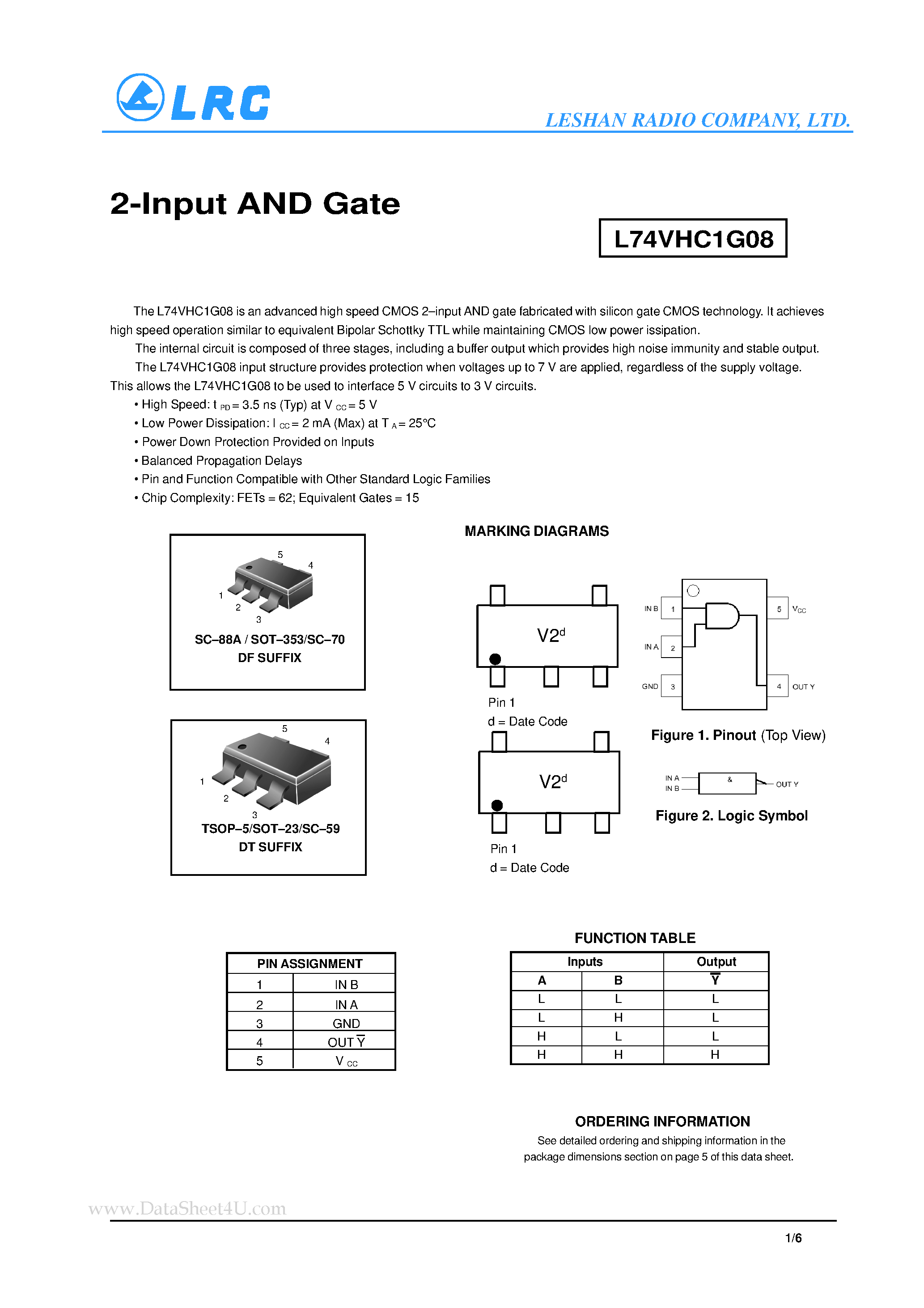Datasheet L74VHC1G08 page 1 Datasheet L74VHC1G08 - 2-Input AND Gate page 1