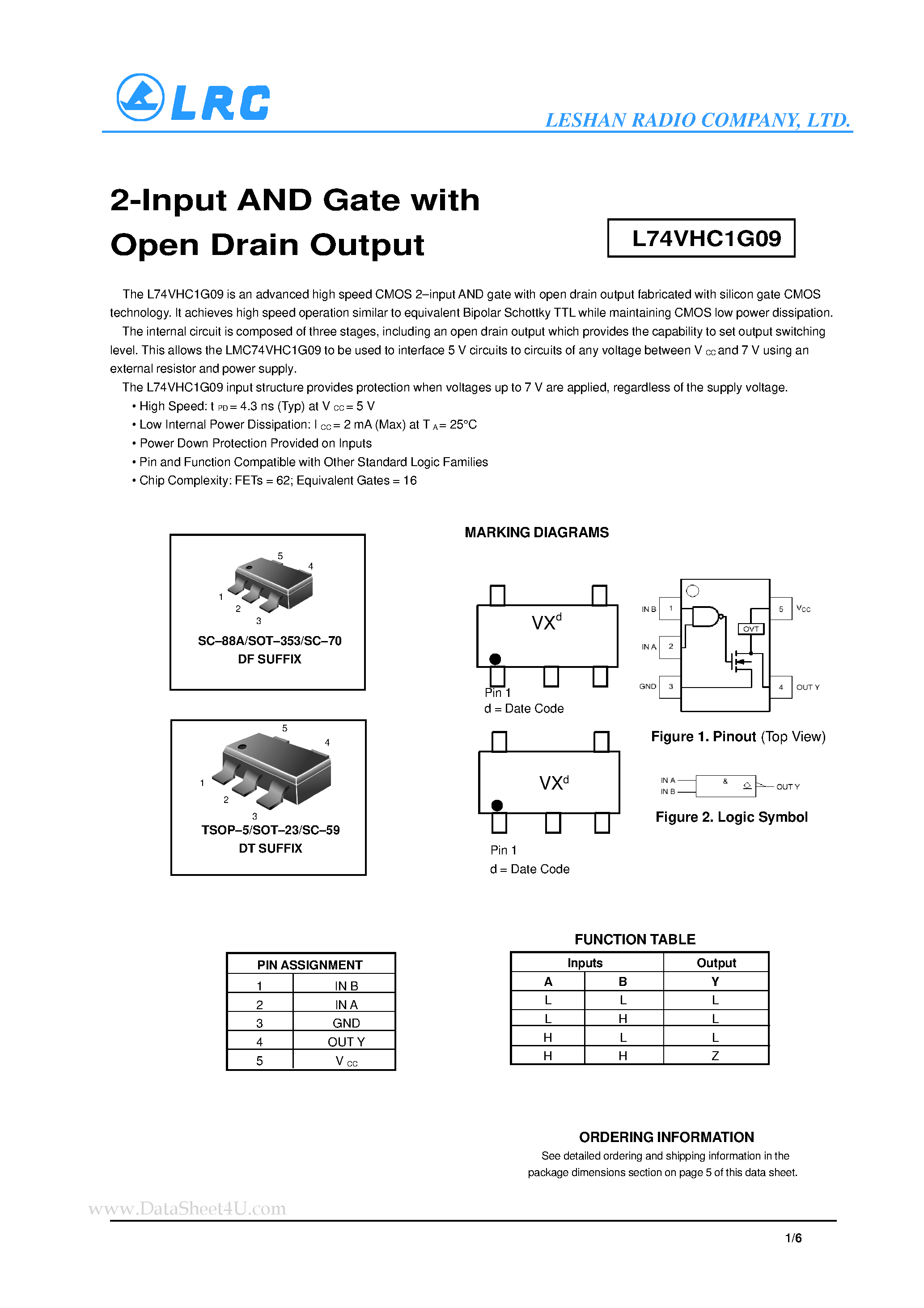 Datasheet L74VHC1G09 - 2-Input AND Gate page 1
