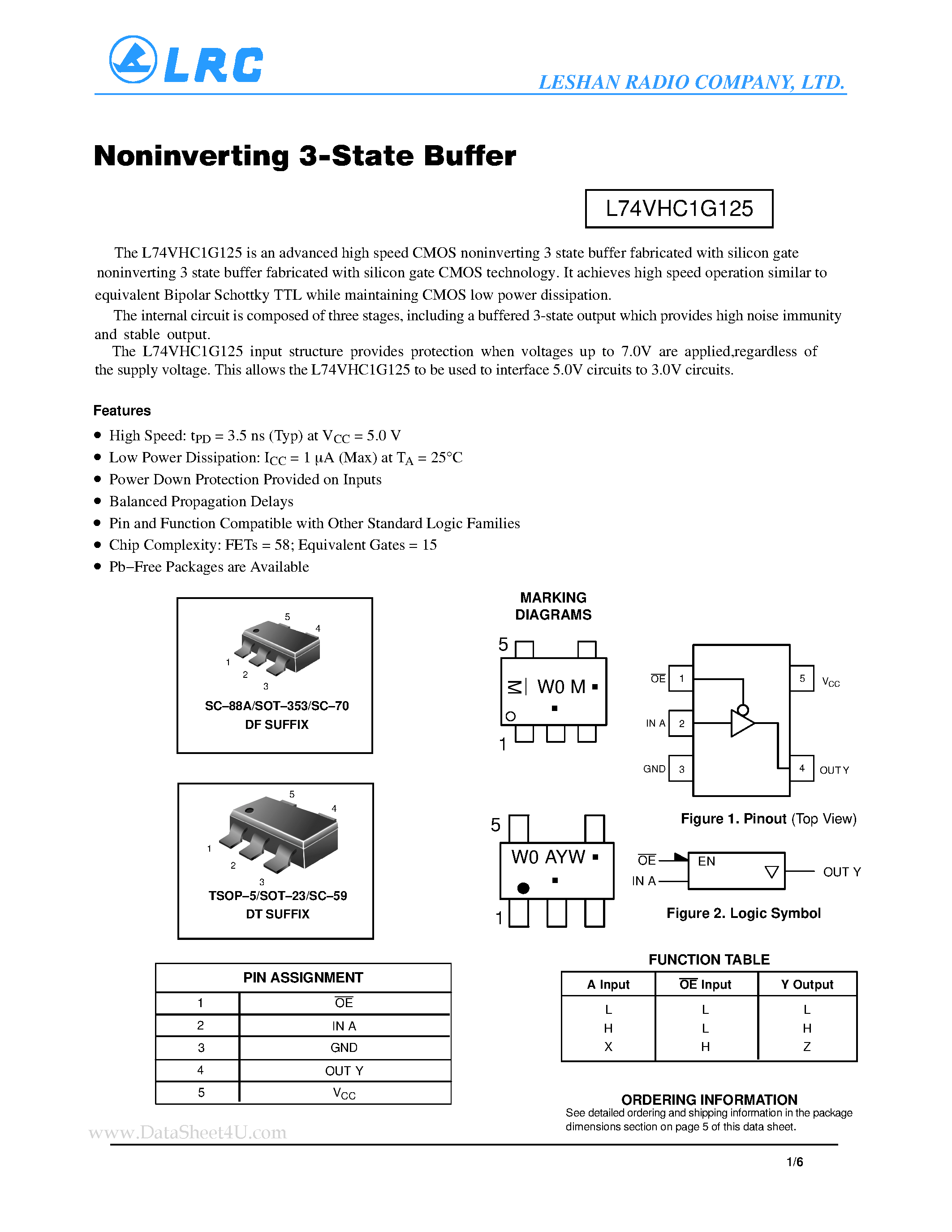 Datasheet L74VHC1G125 - Noninverting 3-State Buffer page 1