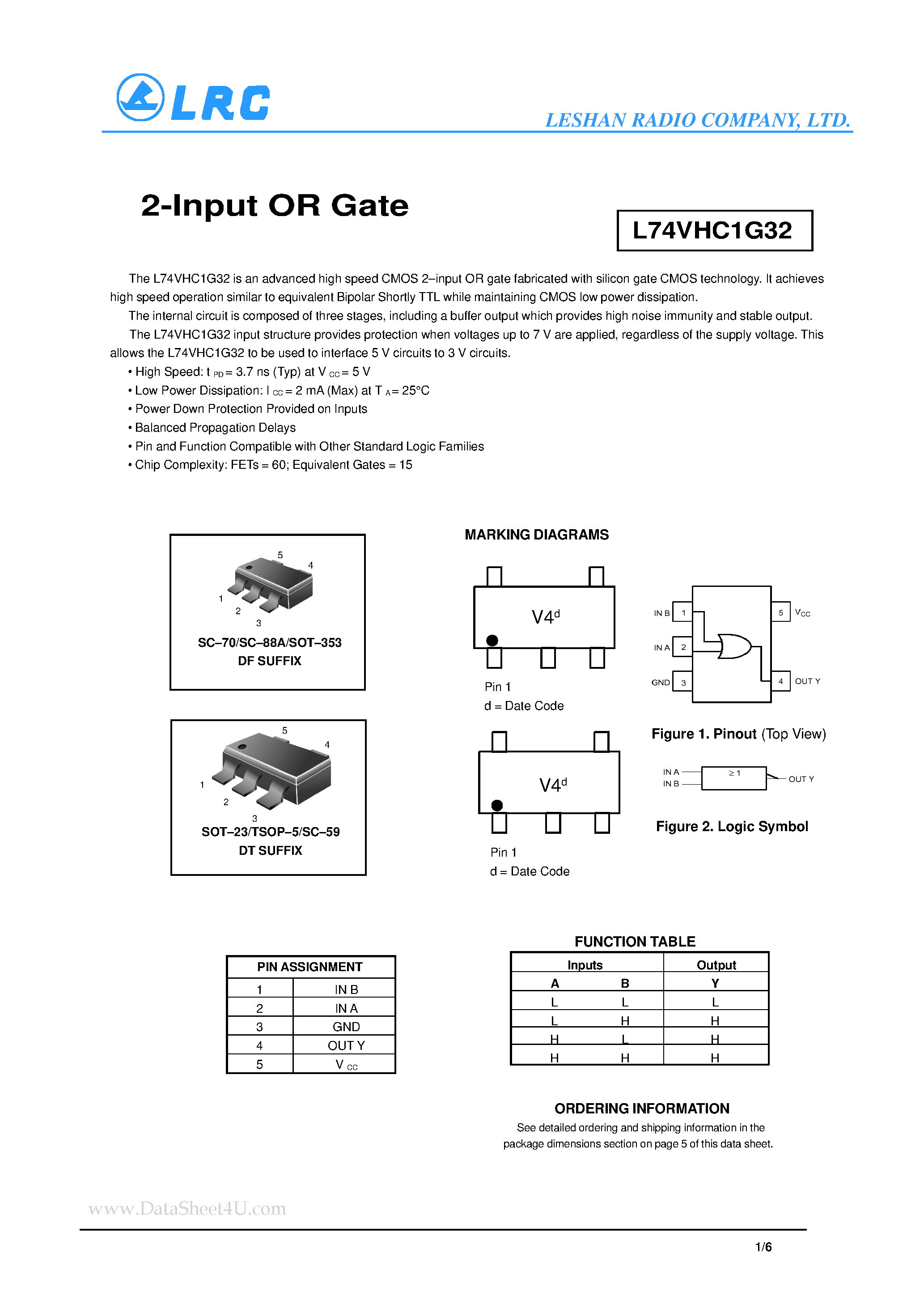 Datasheet L74VHC1G32 - 2-Input OR Gate page 1