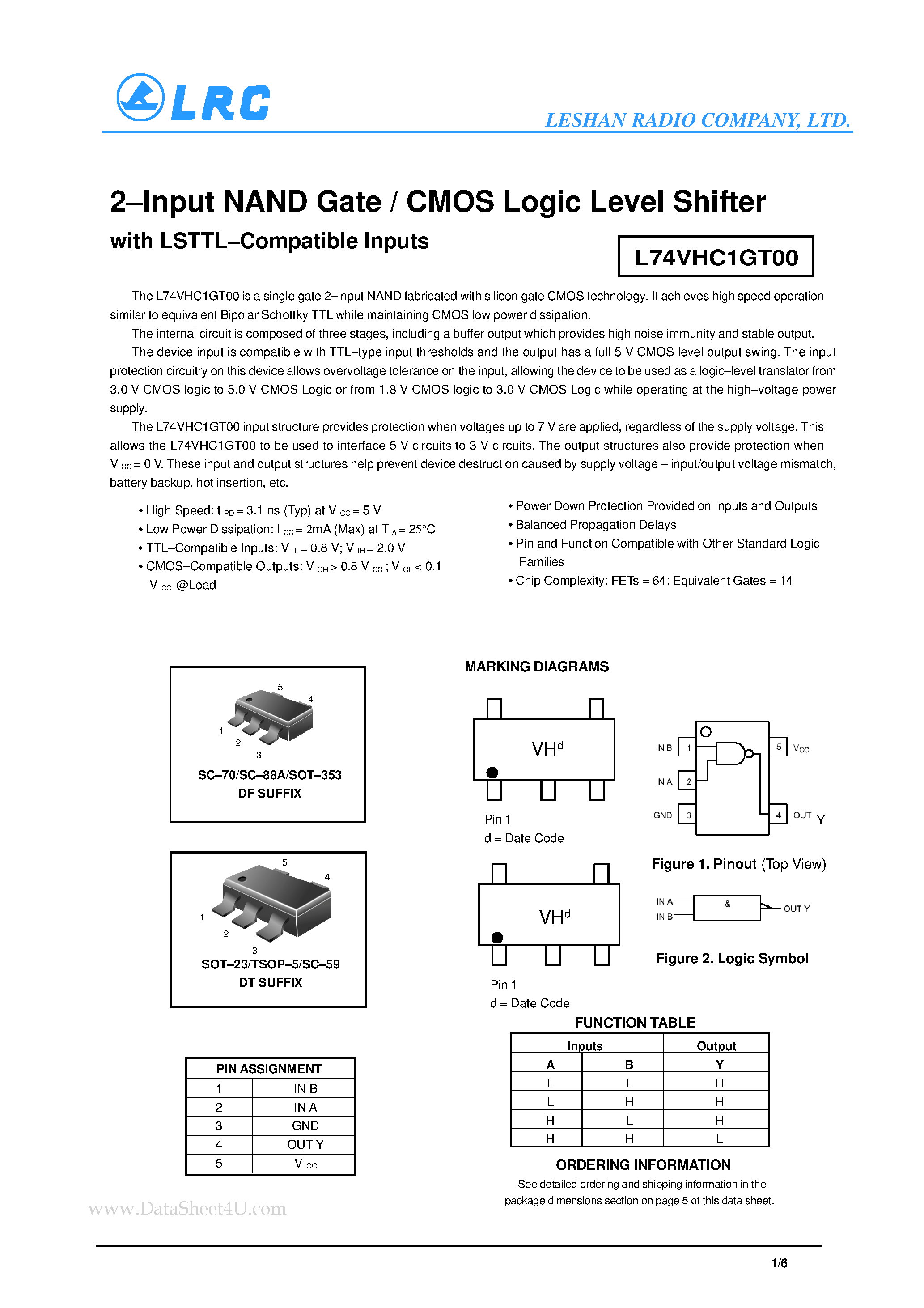 Datasheet L74VHC1GT00 page 1 Datasheet L74VHC1GT00 - 2-Input NAND Gate / CMOS Logic Level Shifter page 1