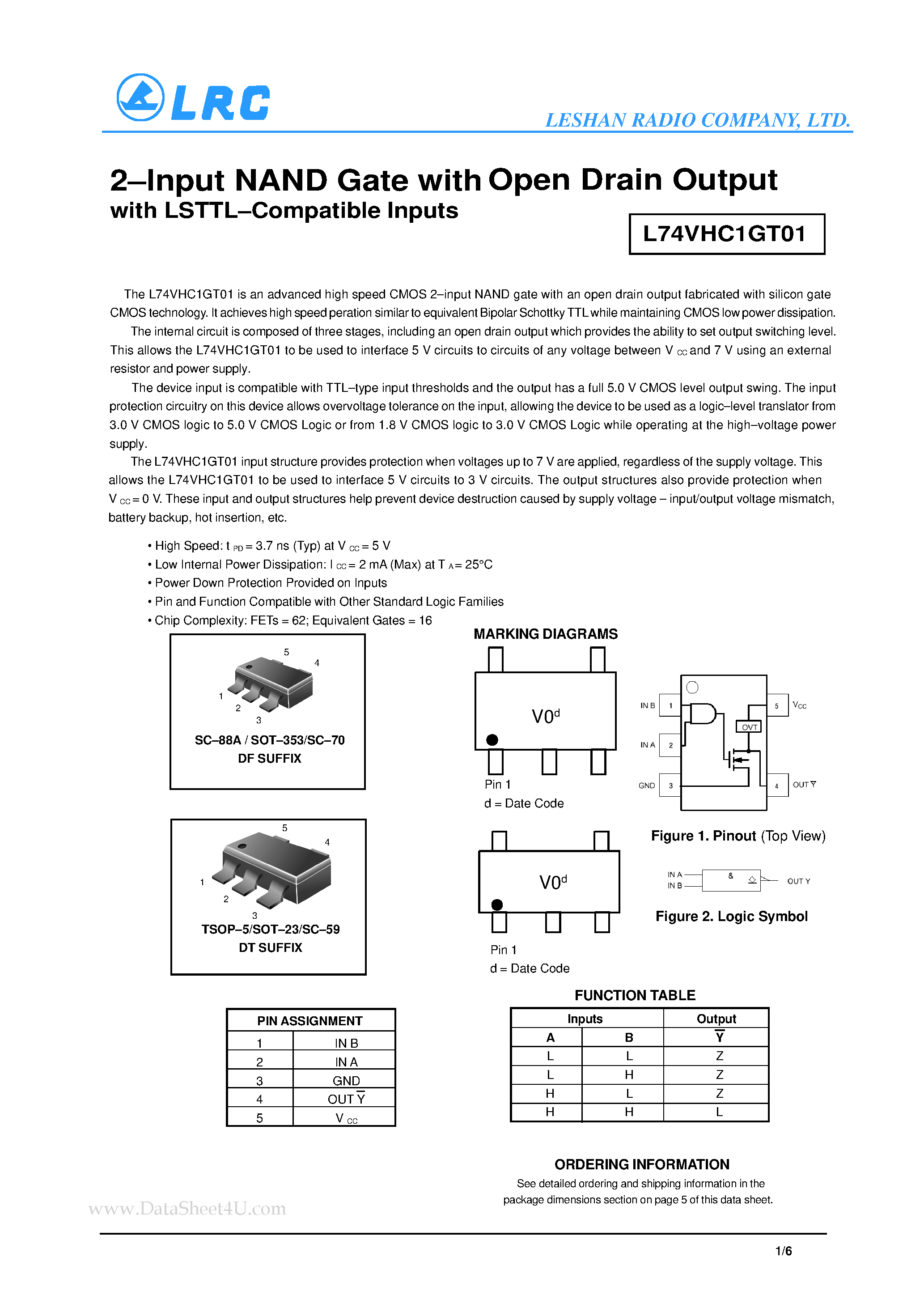 Datasheet L74VHC1GT01 page 1 Datasheet L74VHC1GT01 - 2-Input NAND Gate with Open Drain Output page 1