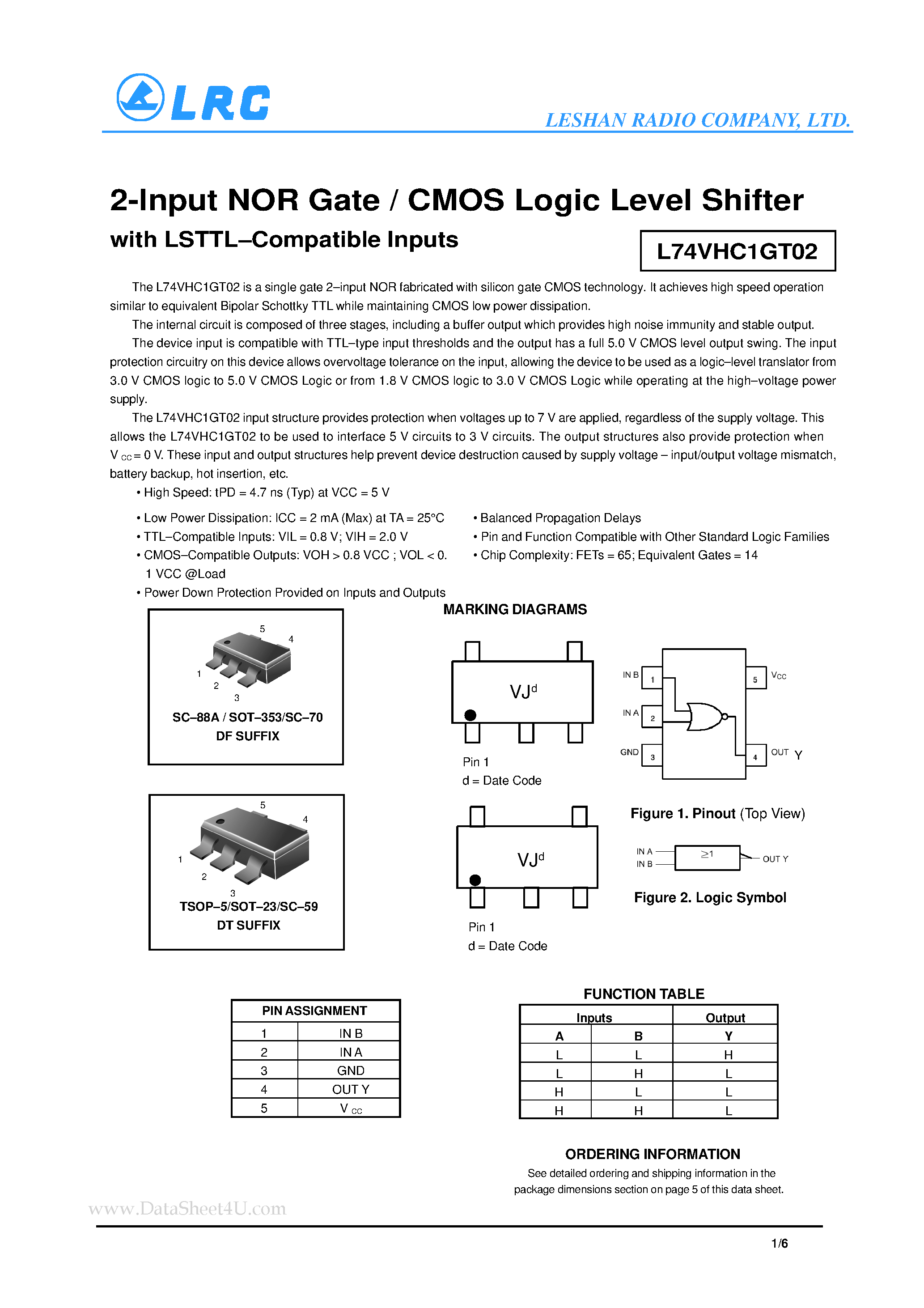 Datasheet L74VHC1GT02 - 2-Input NOR Gate / CMOS Logic Level Shifter page 1