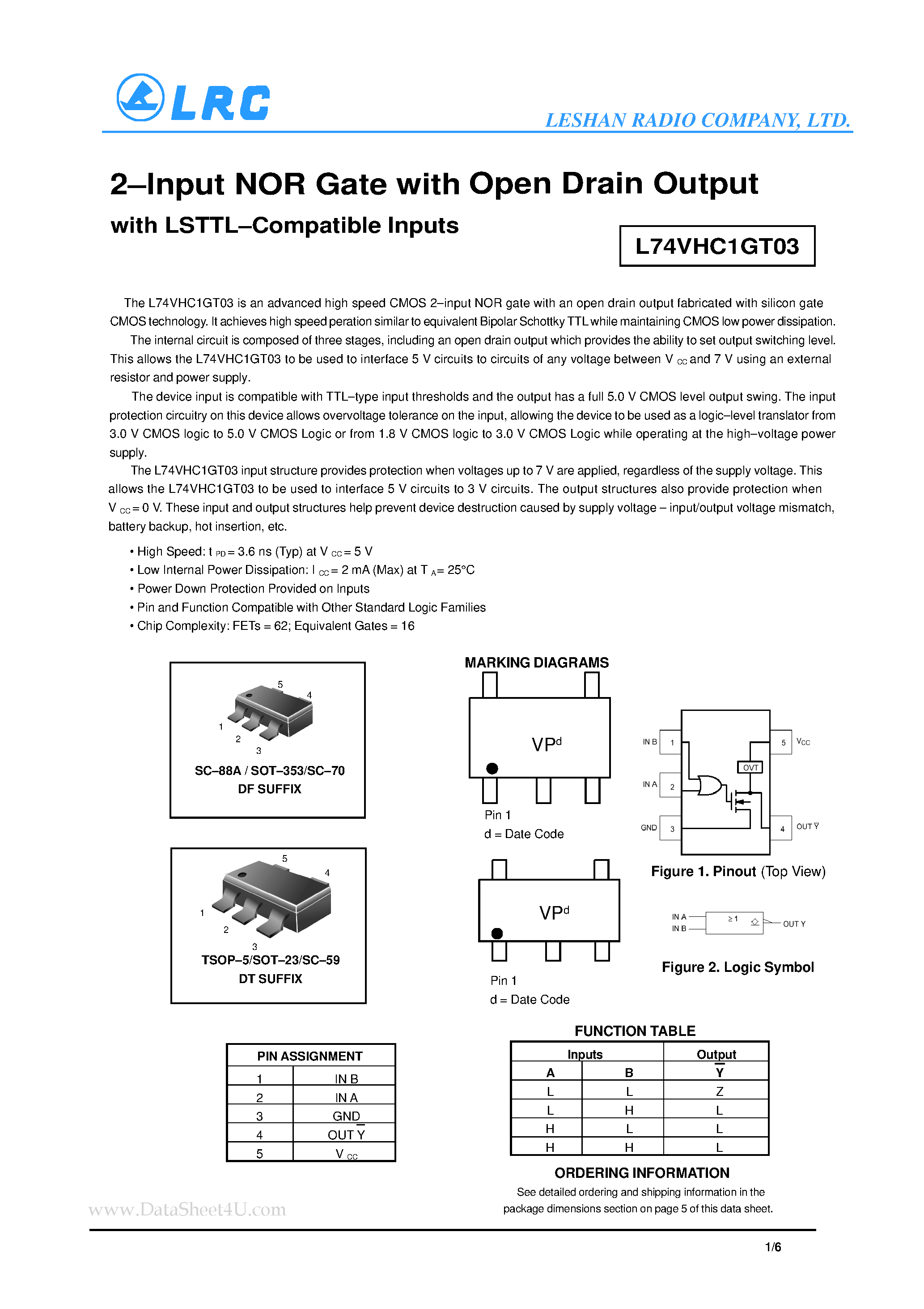 Datasheet L74VHC1GT03 page 1 Datasheet L74VHC1GT03 - 2-Input NOR Gate with Open Drain Output page 1