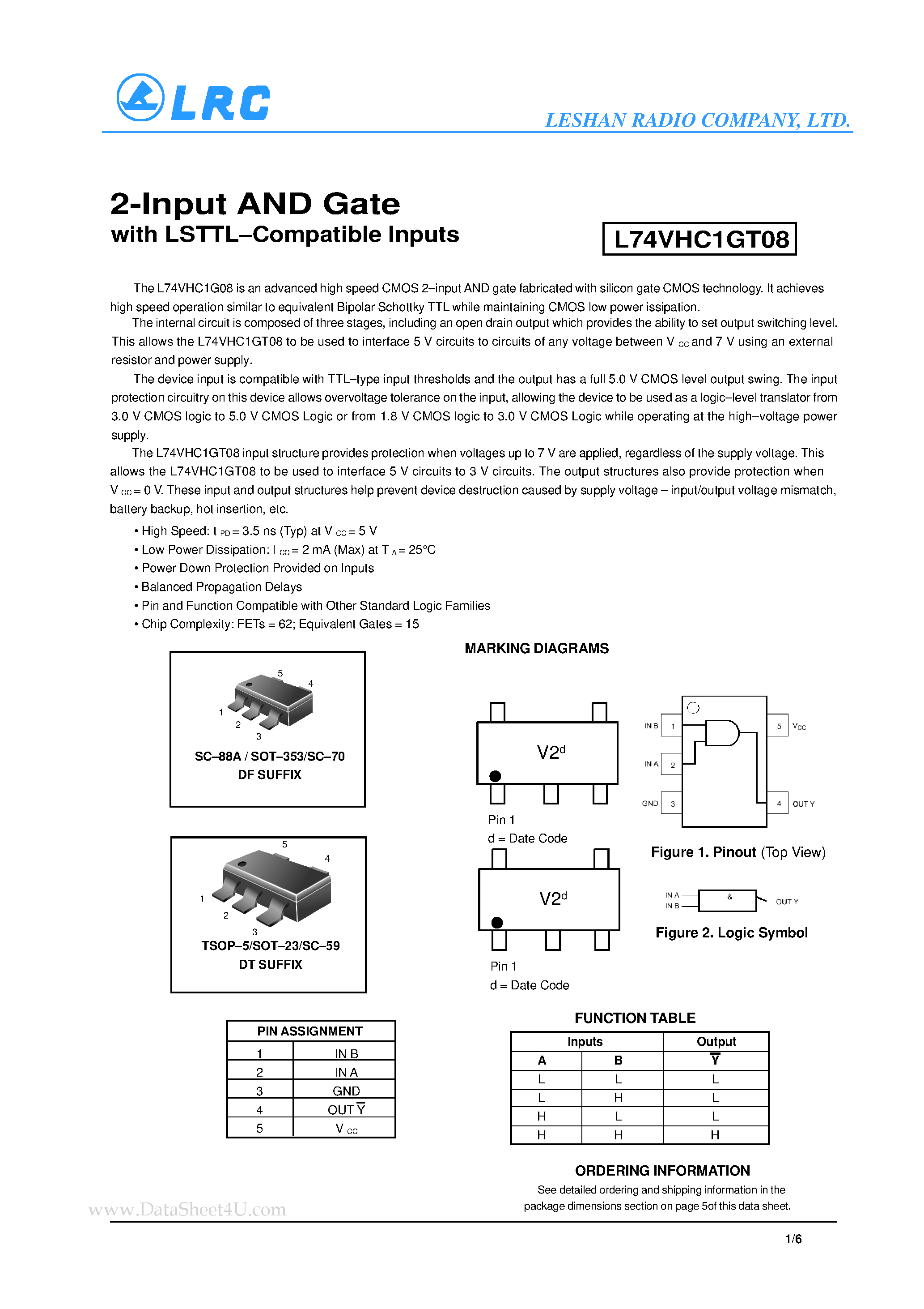 Datasheet L74VHC1GT08 page 1 Datasheet L74VHC1GT08 - 2-Input AND Gate page 1