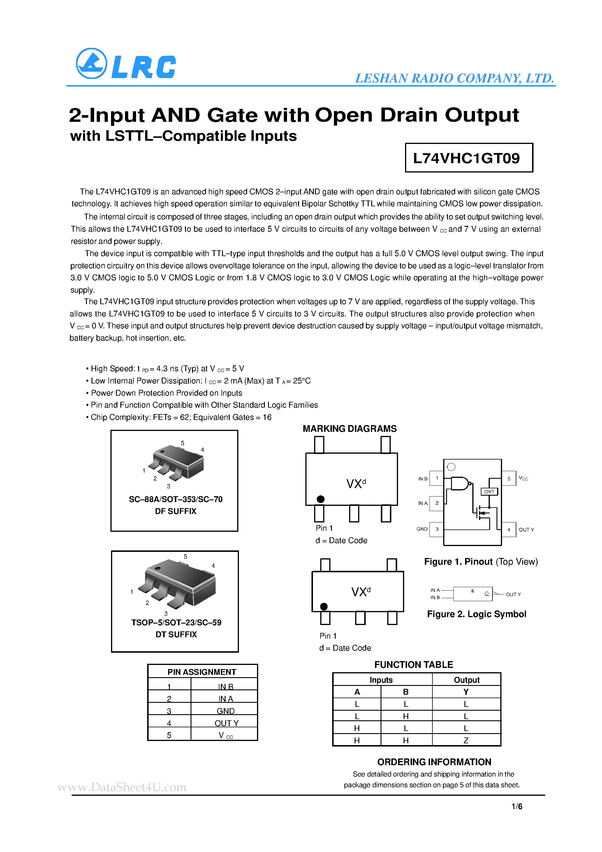 Datasheet L74VHC1GT09 - 2-Input AND Gate with Open Drain Output page 1