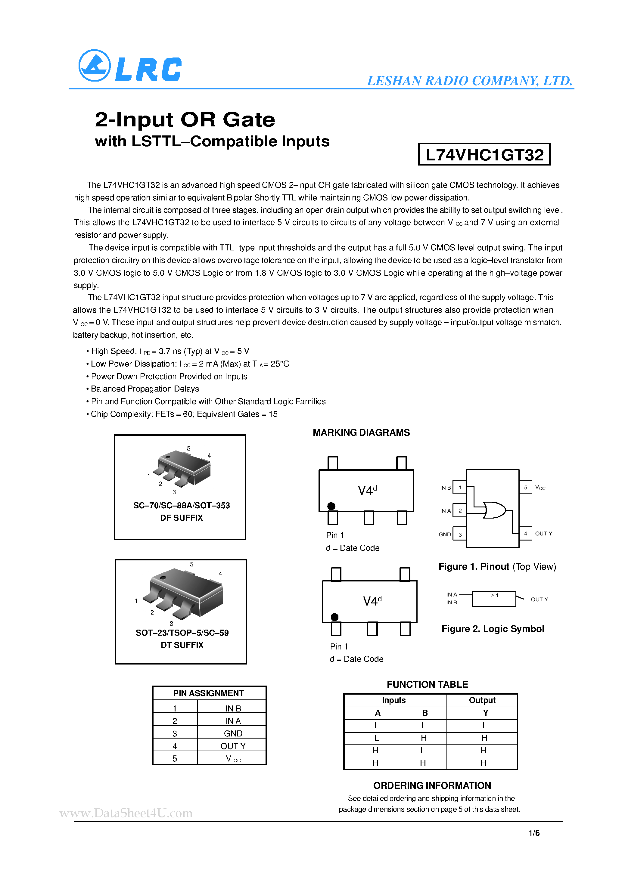 Datasheet L74VHC1GT32 page 1 Datasheet L74VHC1GT32 - 2-Input OR Gate page 1