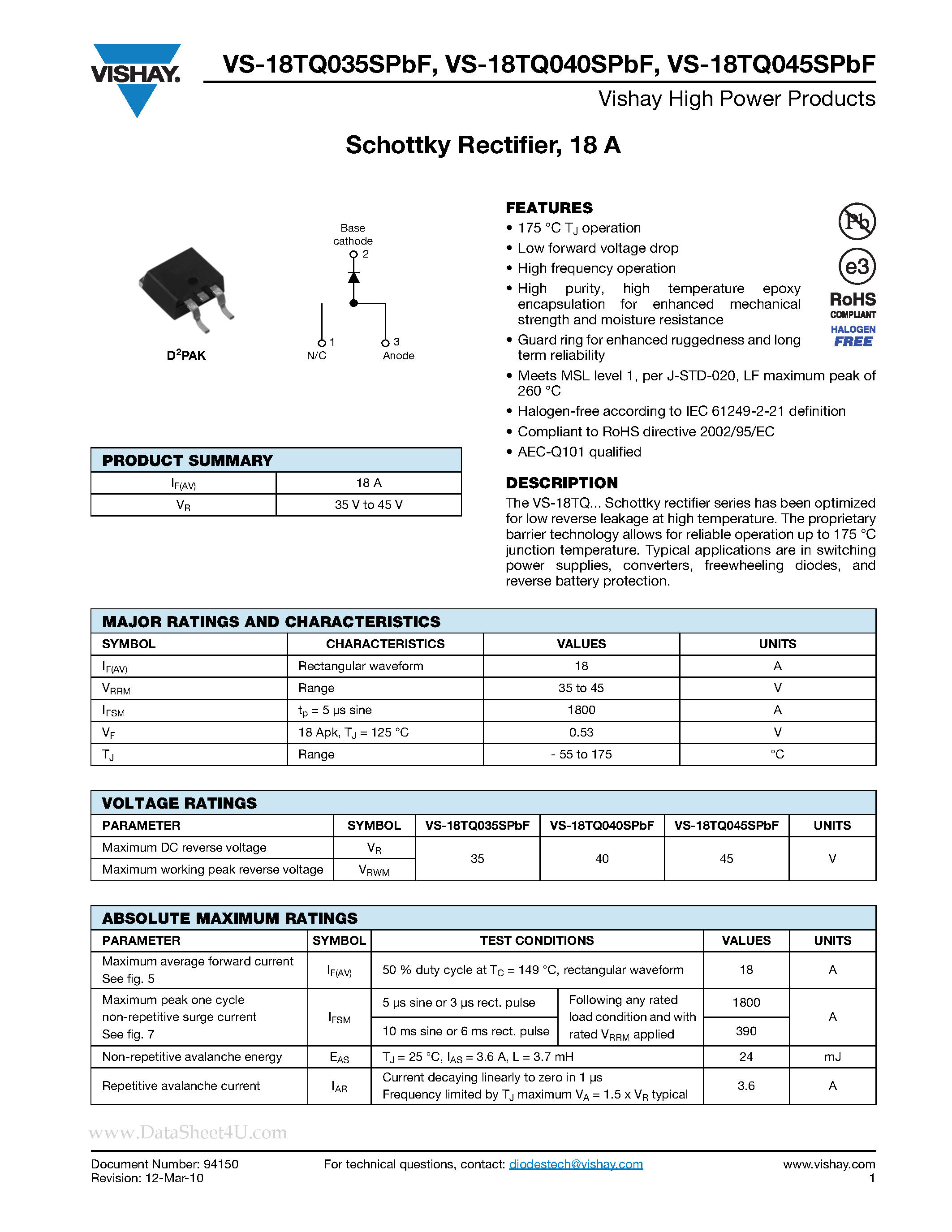 Datasheet VS-18TQ035SPBF page 1 Datasheet VS-18TQ035SPBF - RECTIFIER DIODE page 1