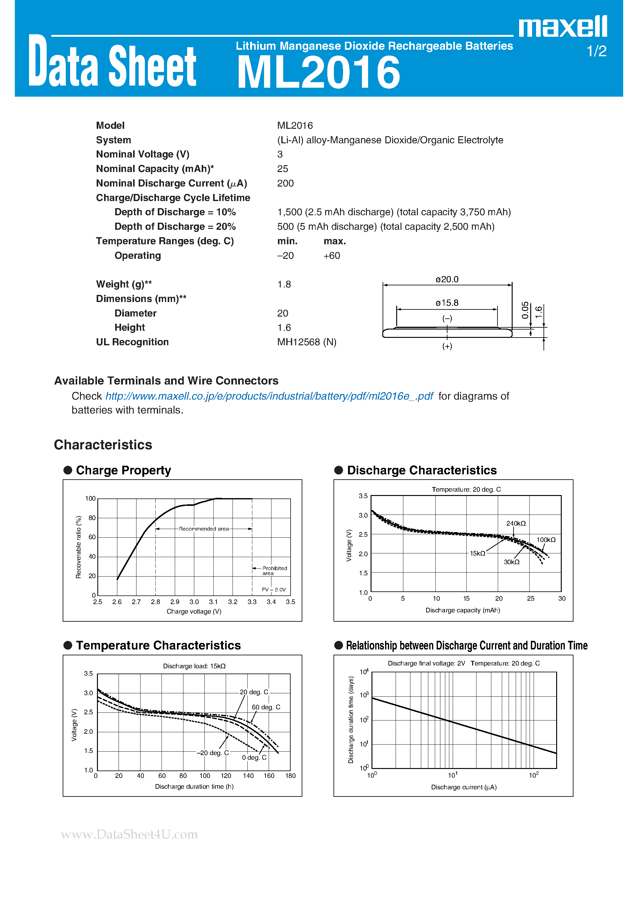 Datasheet ML1220 page 1 Datasheet ML1220 - Lithium Manganese Dioxide Rechargeable Batteries page 1