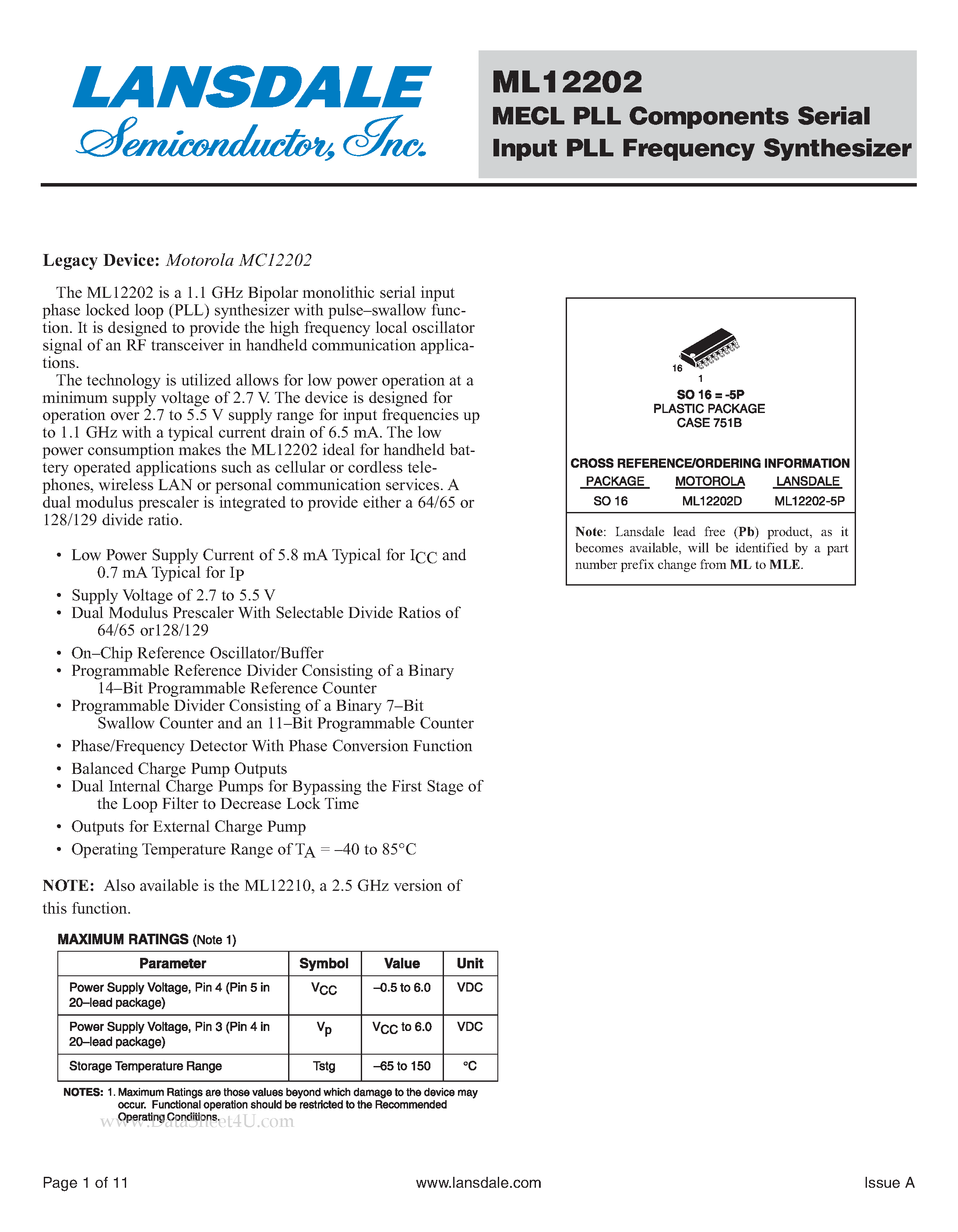 Datasheet ML12202 page 1 Datasheet ML12202 - MECL PLL Components Serial Input PLL Frequency Synthesizer page 1