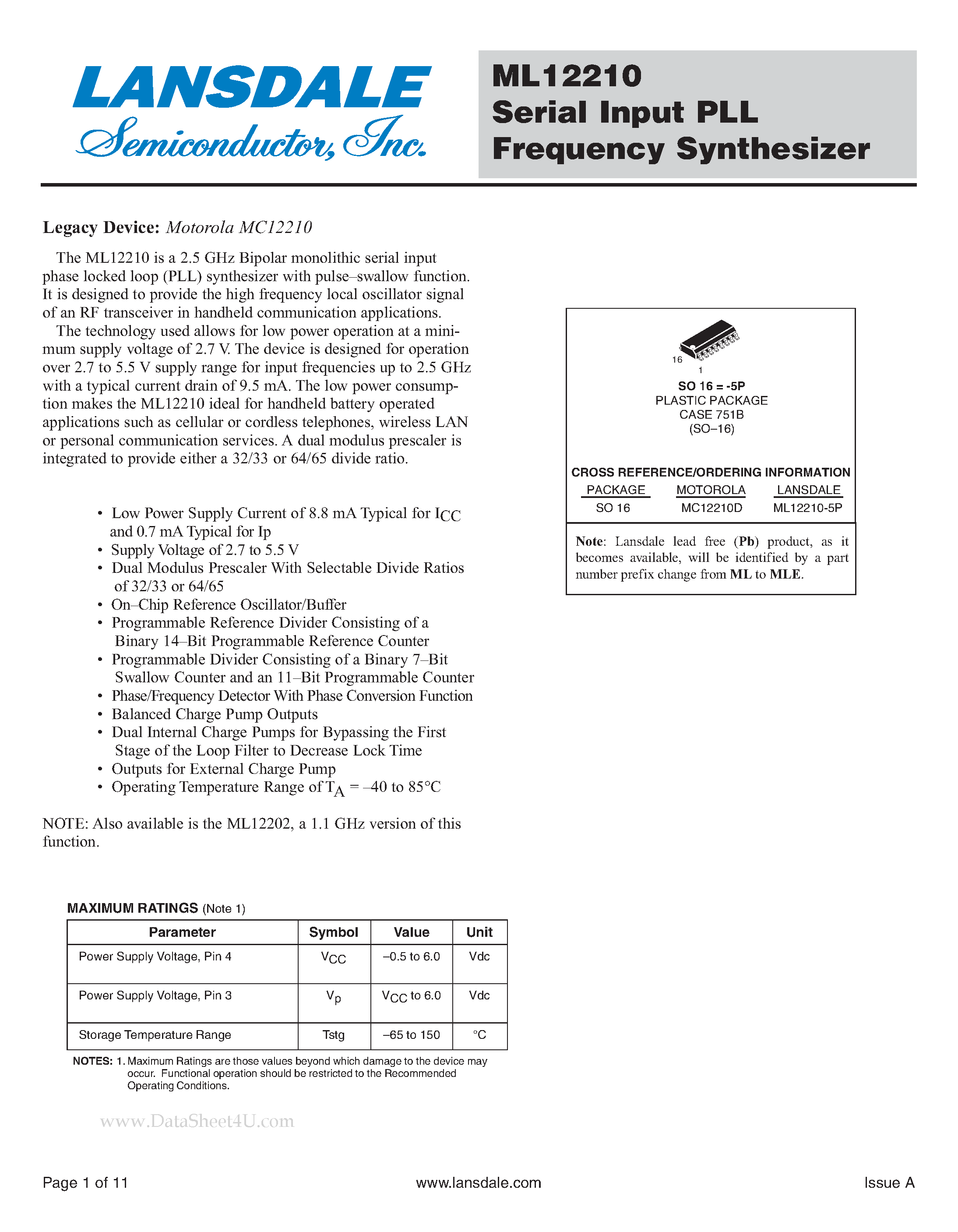 Datasheet ML12210 page 1 Datasheet ML12210 - Serial Input PLL Frequency Synthesizer page 1