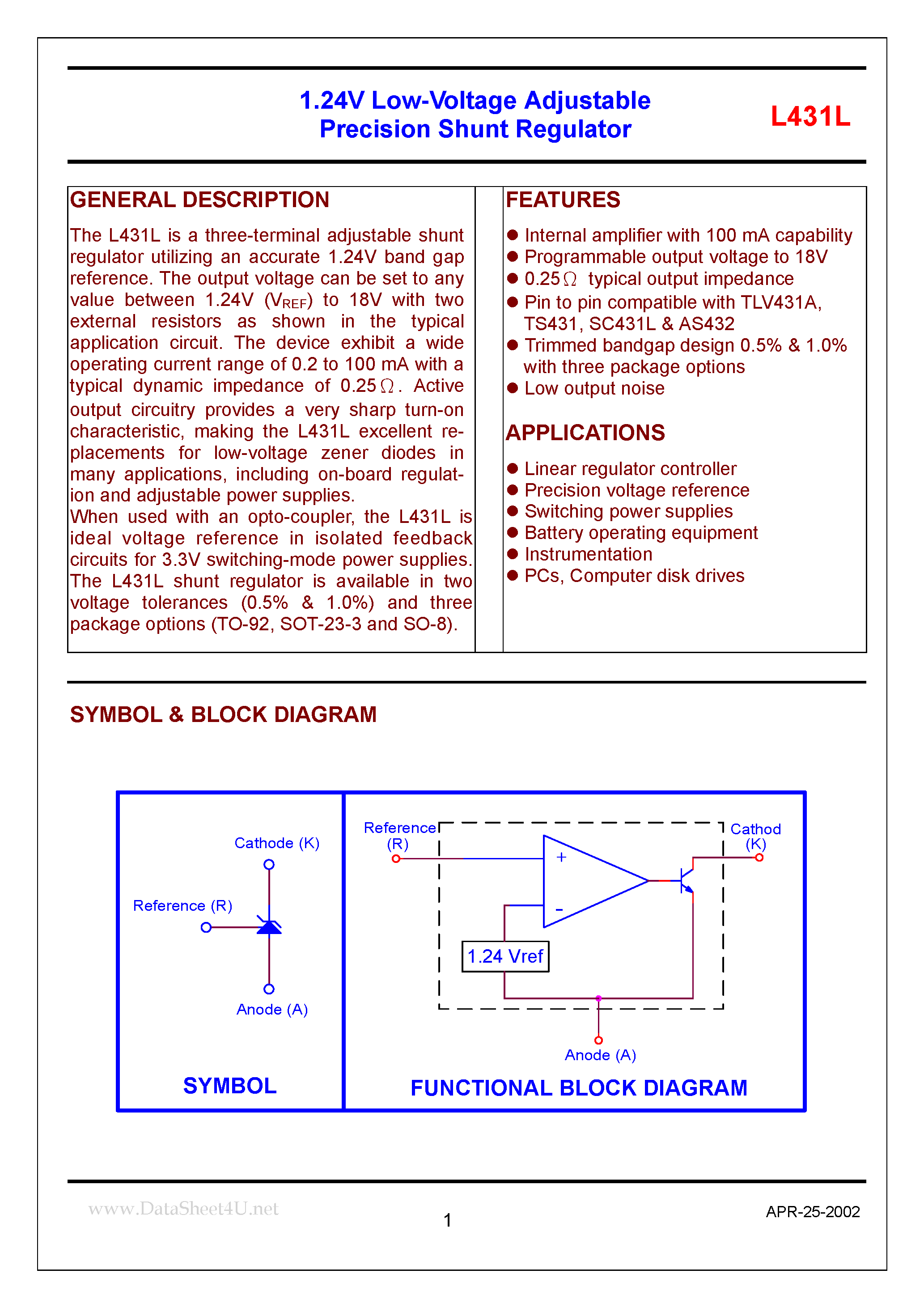 Даташит на микросхему L431L страница 1 Даташит L431L - 1.24V Low-Voltage Adjustable Precision Shunt Regulator страница 1