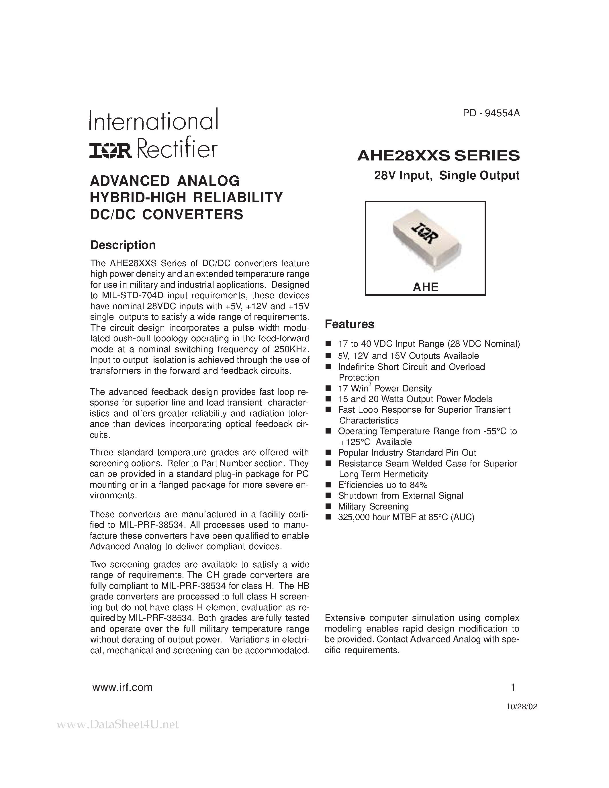 Datasheet AHE2805S page 1 Datasheet AHE2805S - ADVANCED ANALOG HYBRID-HIGH RELIABILITY DC/DC CONVERTERS page 1