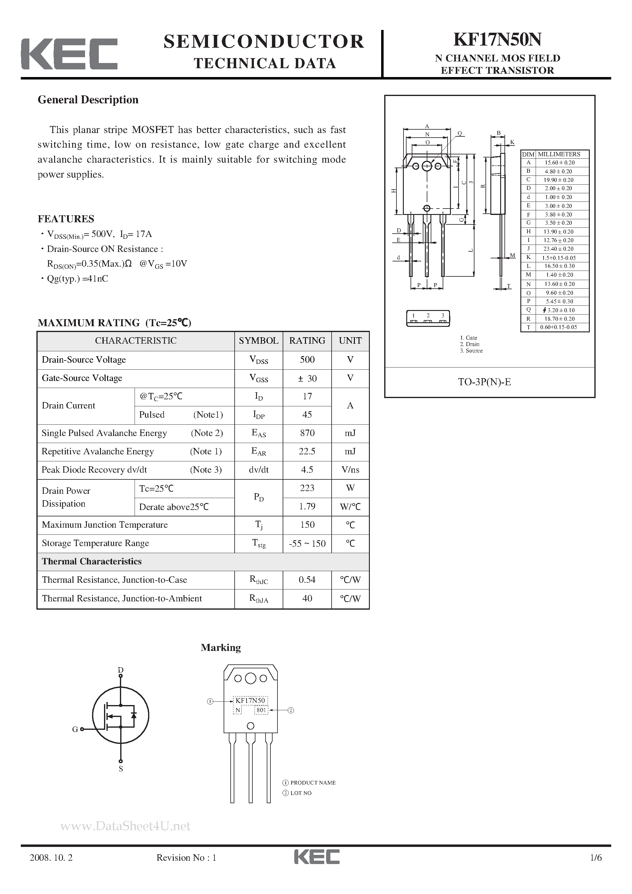 Datasheet KF17N50N - N-CHANNEL MOS FIELD EFFECT TRANSISTOR page 1