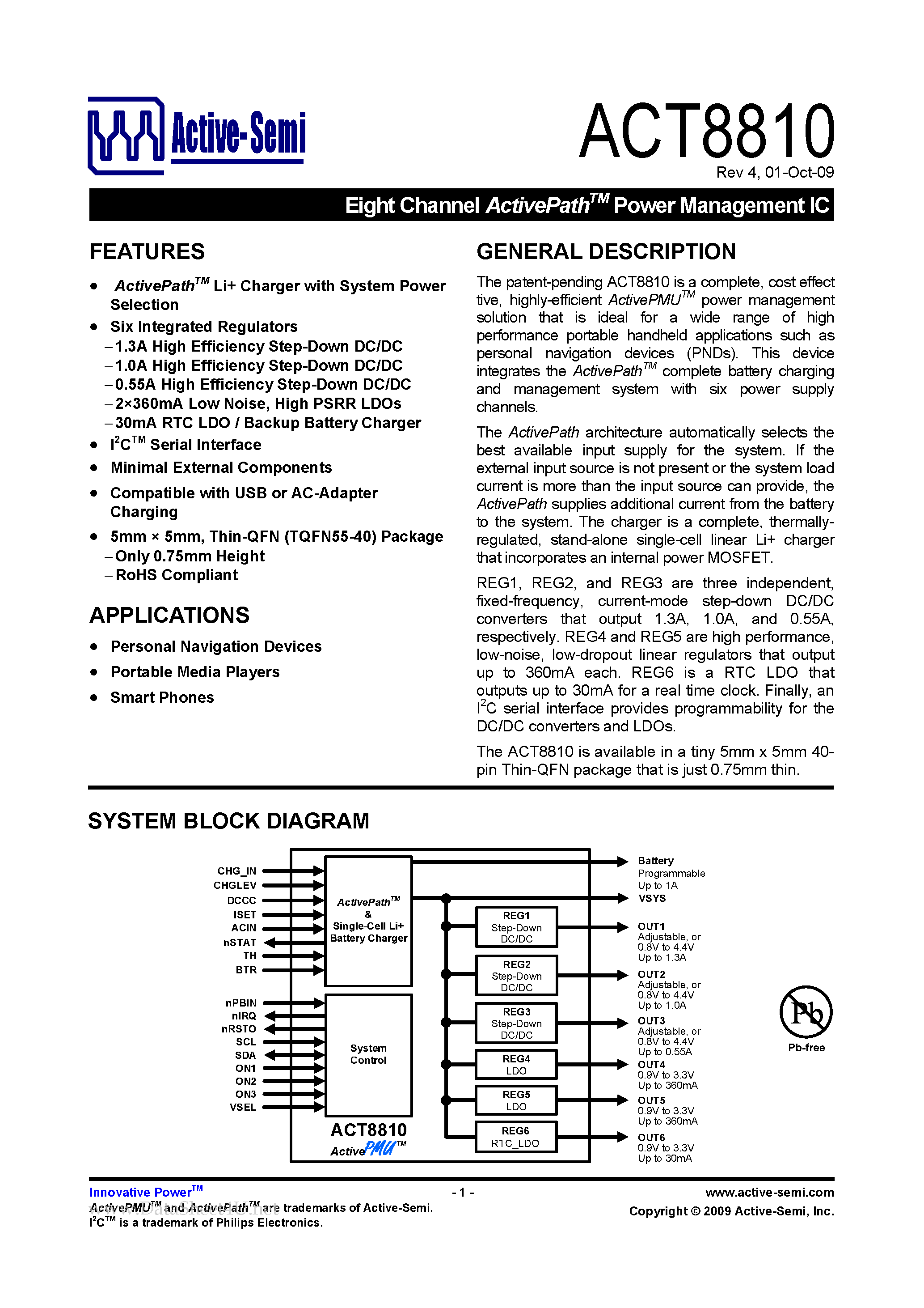 Даташит на микросхему ACT8810 страница 1 Даташит ACT8810 - Eight Channel ActivePath Power Management IC страница 1