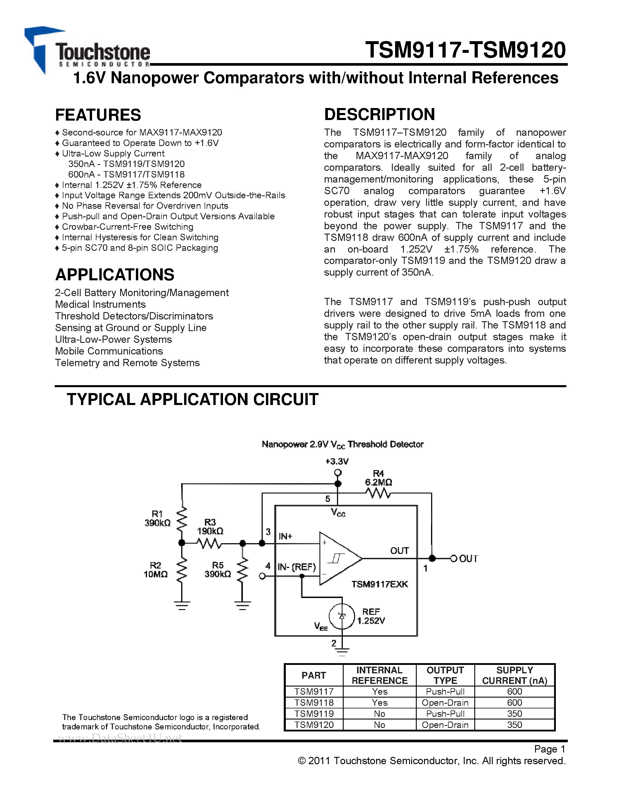 Datasheet TSM9117 page 1 Datasheet TSM9117 - (TSM9117 - TSM9120) 1.6V Nanopower Comparators page 1