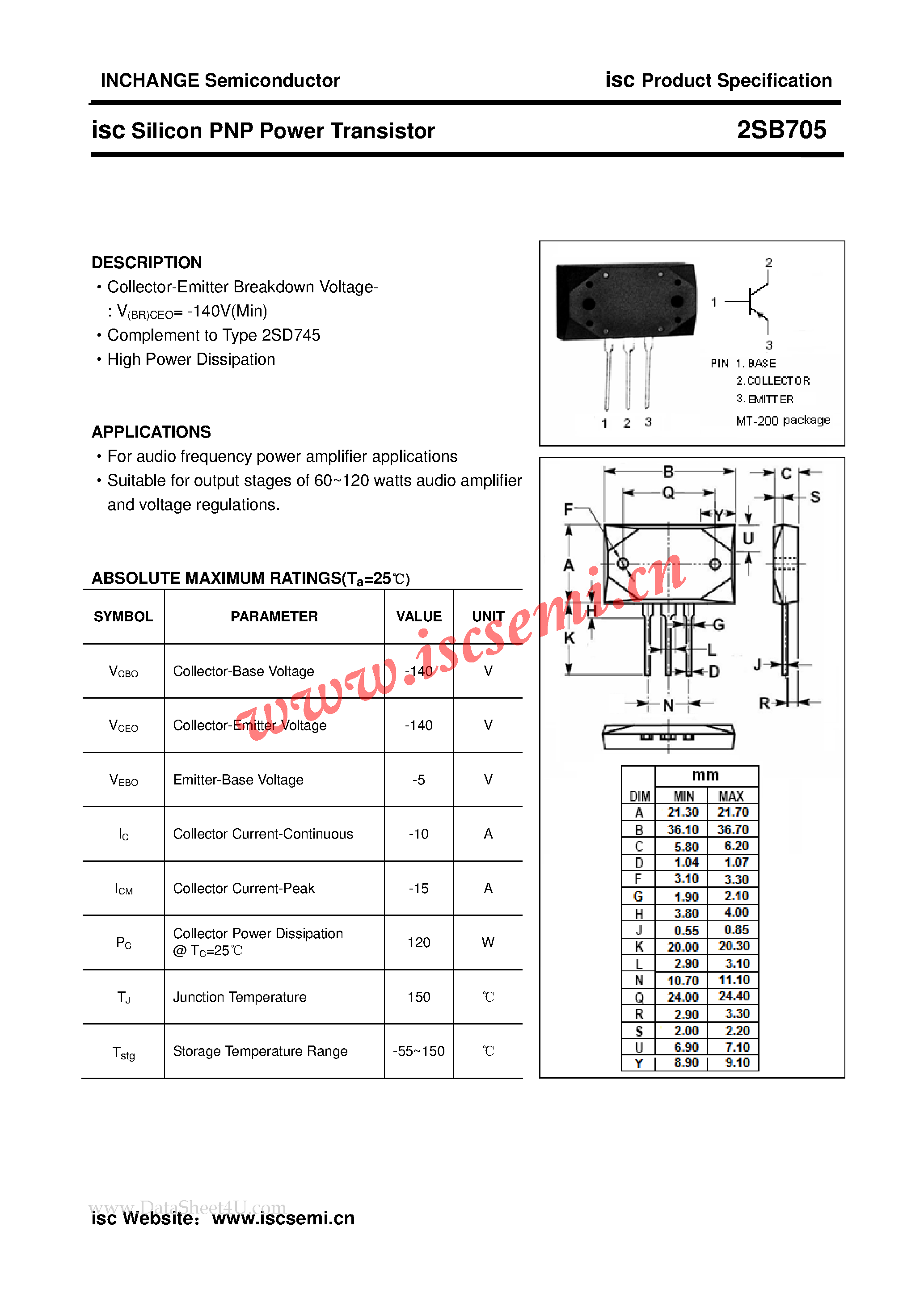 Datasheet 2SB705A - Power Transistor page 1