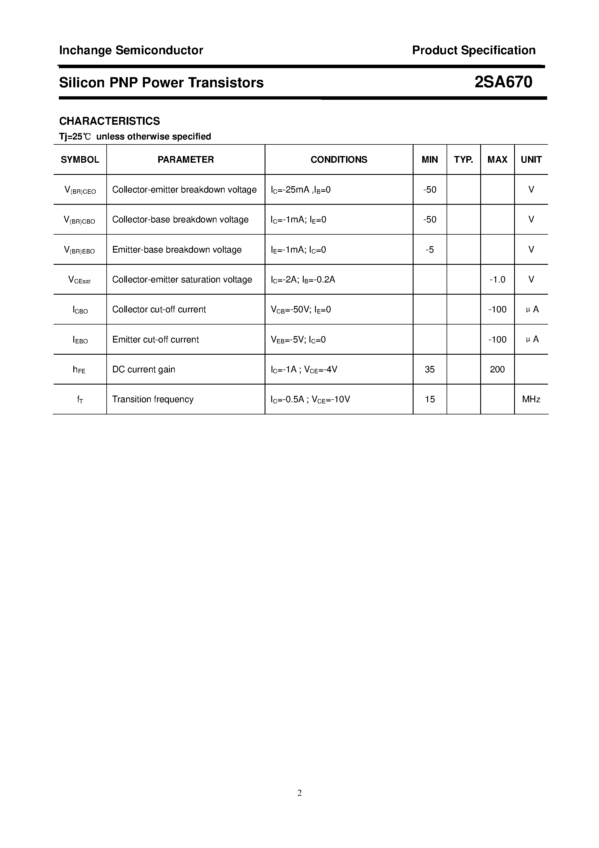 Datasheet 2SA670 page 2 Datasheet 2SA670 - Power Transistor page 2