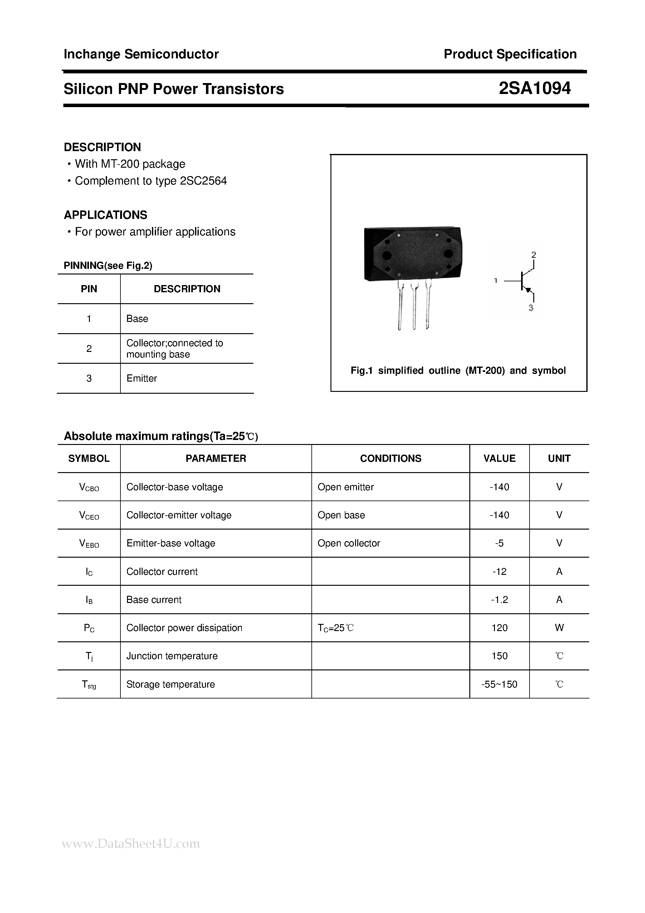 Datasheet 2SA1094 page 1 Datasheet 2SA1094 - Power Transistor page 1