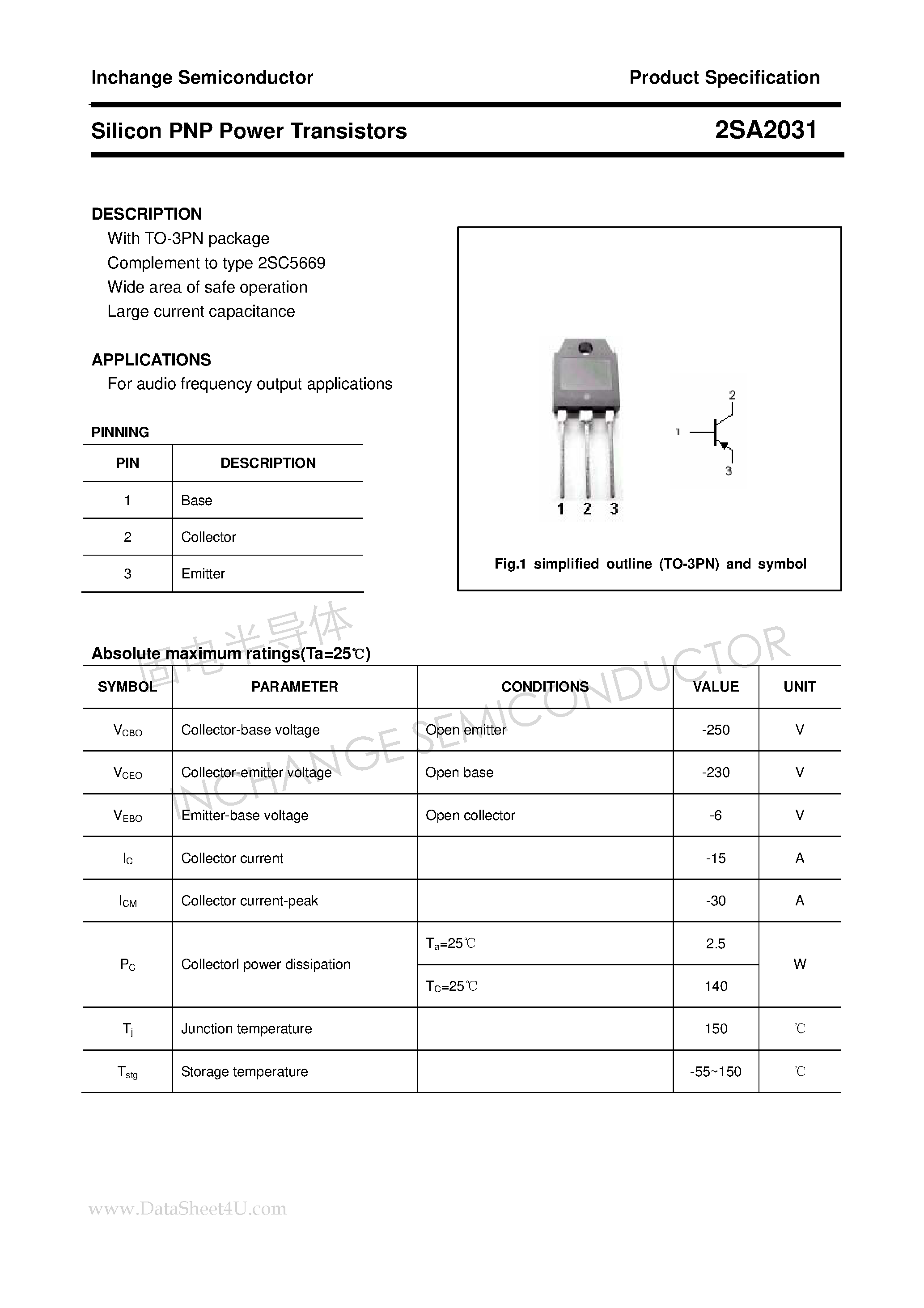 Datasheet 2SA2031 - Power Transistor page 1