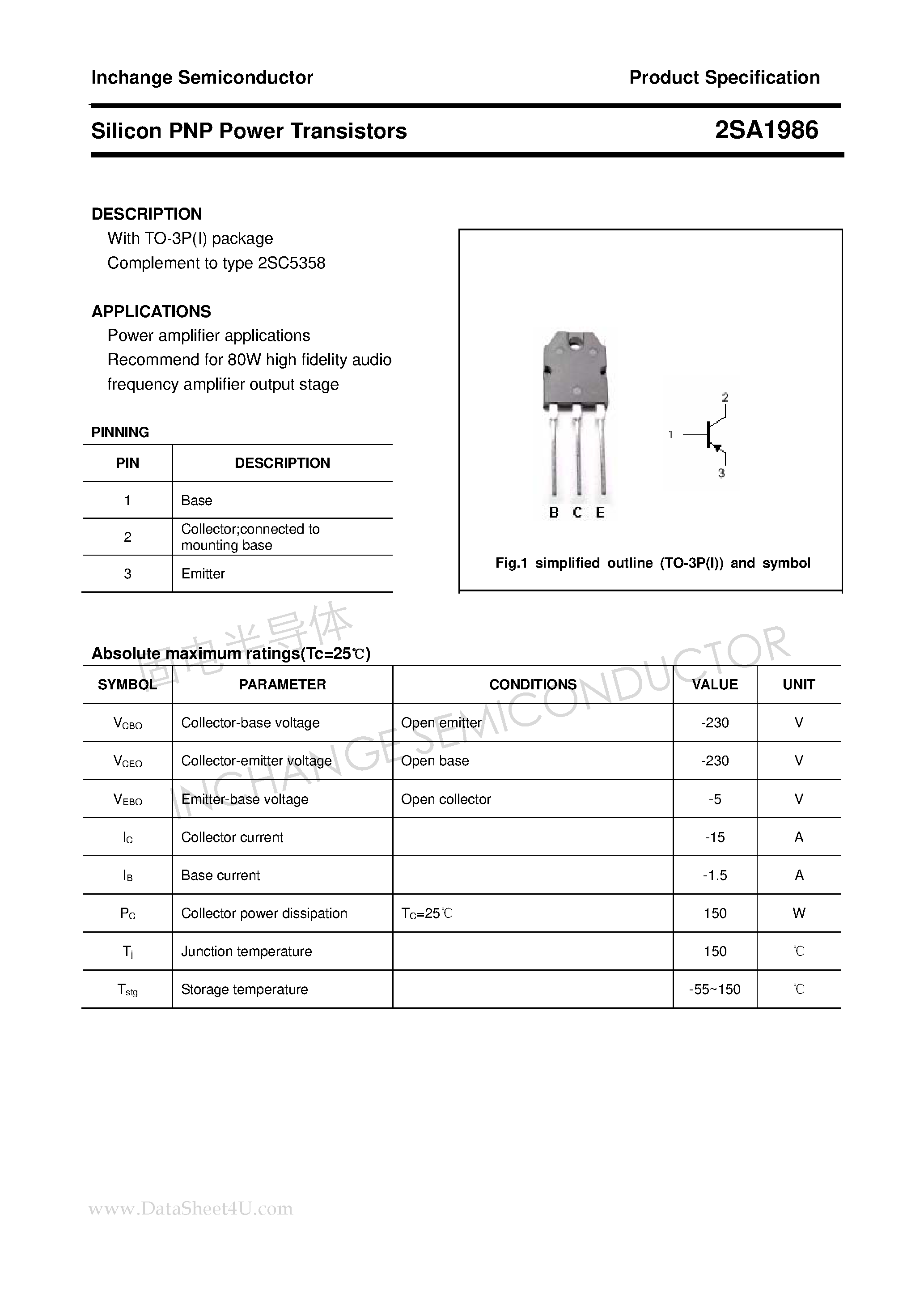 Datasheet 2SA1986 - Power Transistor page 1