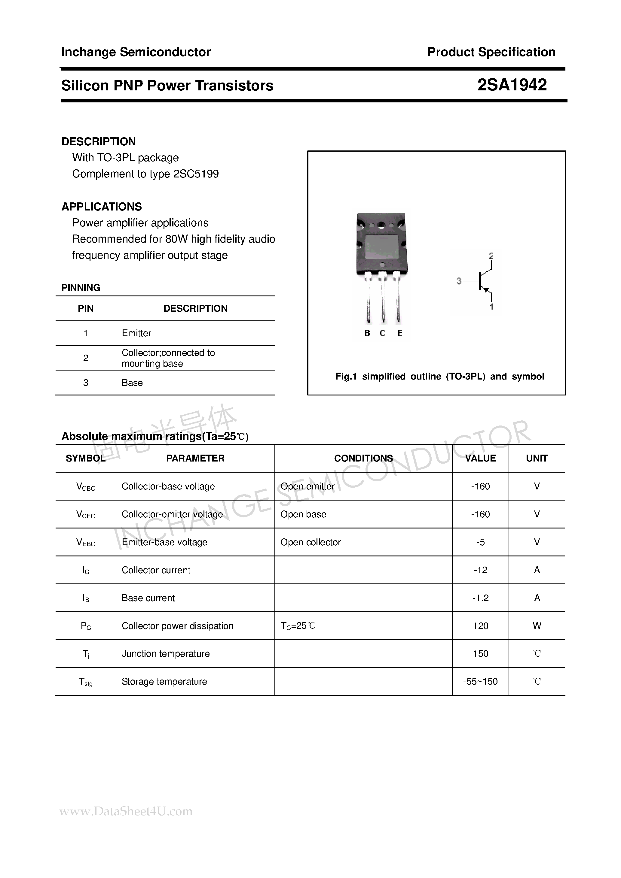 Datasheet 2SA1942 page 1 Datasheet 2SA1942 - Power Transistor page 1